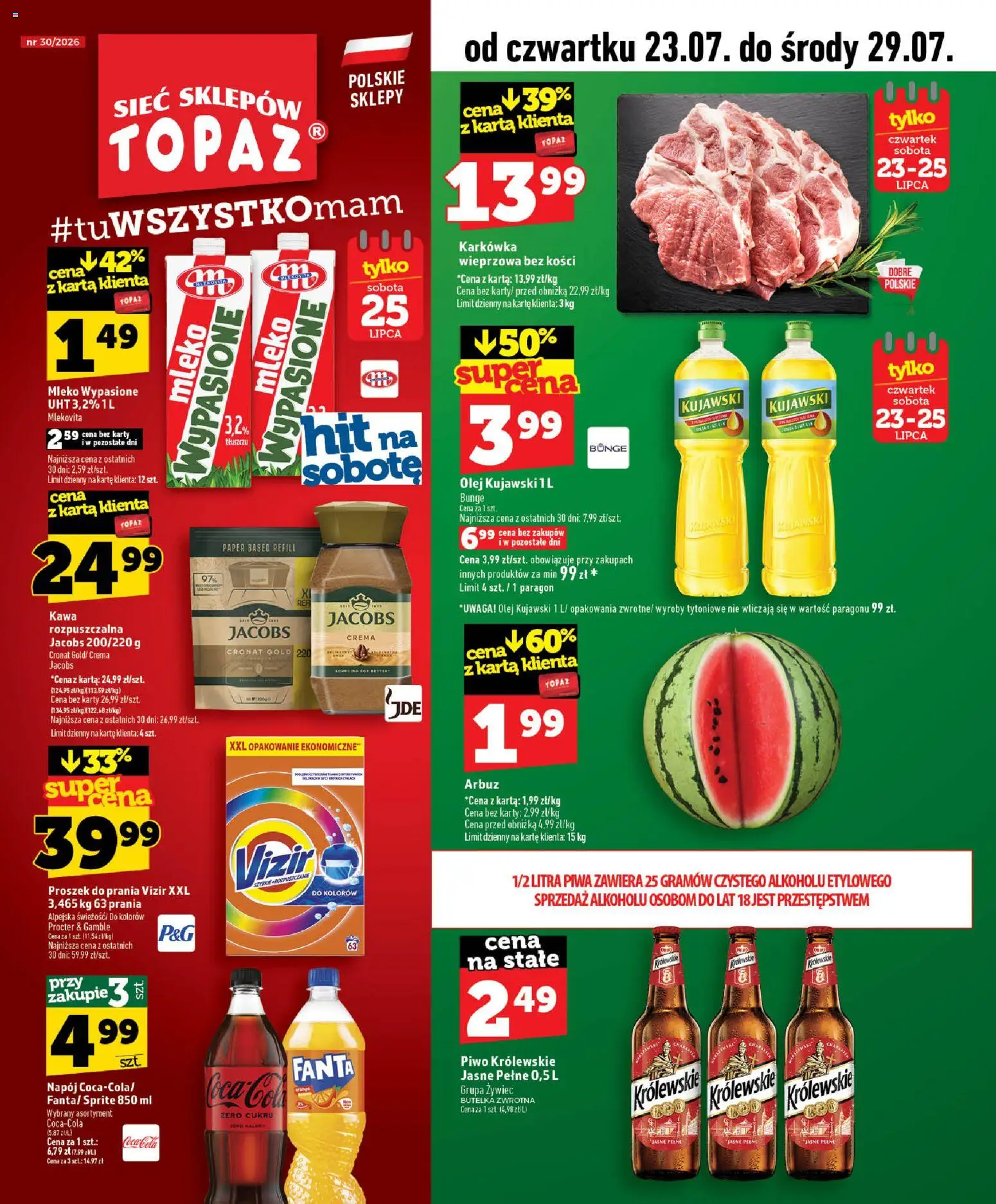 Topaz gazetka od 23.07.2026 | Strona: 1 | Produkty: Proszek, Karkówka, Vizir, Proszek do prania