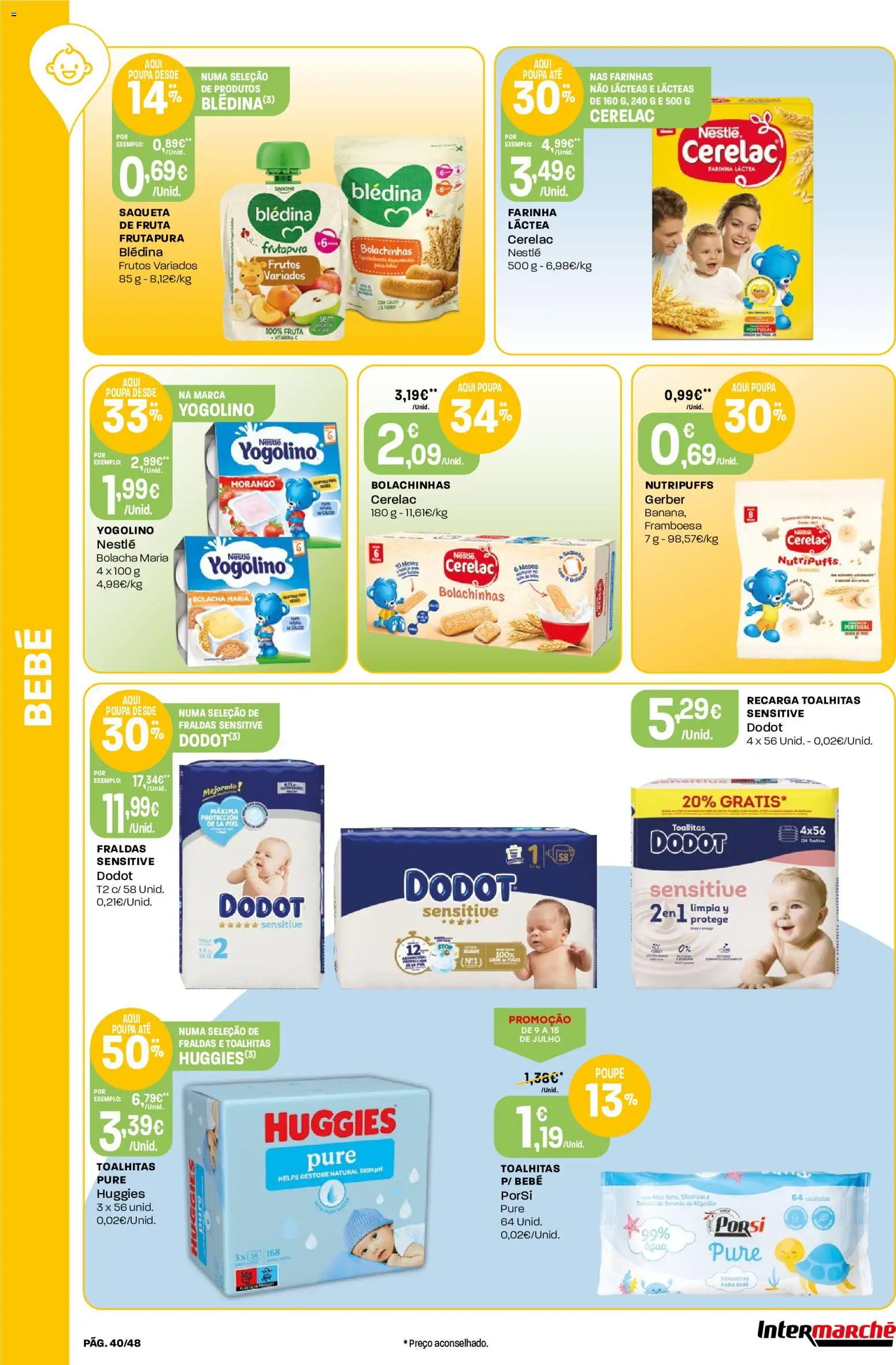 Intermarché folheto │ válido de 09/07/2026 | Página: 40 | Produtos: Farinha láctea, Fraldas, Algodão, Nestlé