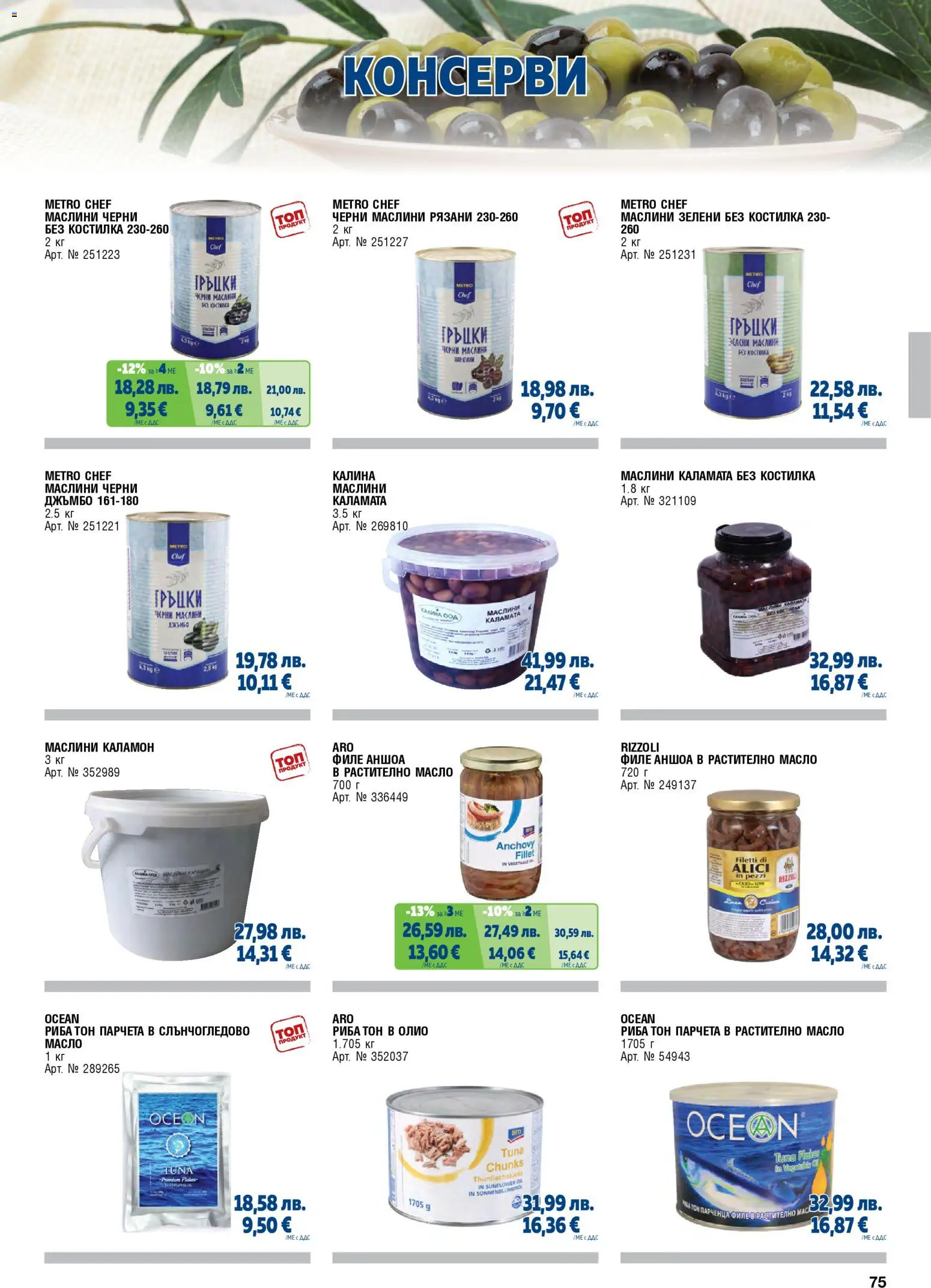 {H1} | Страница: 75 | Продукти: Риба, Аншоа, Риба тон, Каламата