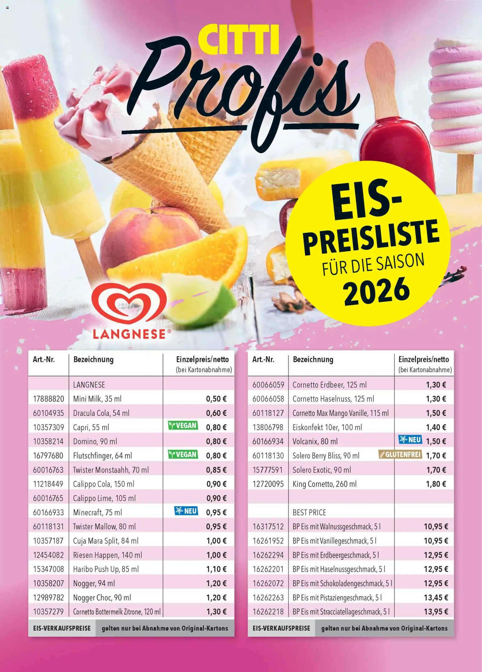 CITTI Markt Eis-Preisliste 2026 – gültig ab 11.03.2026 | Seite: 1 | Produkte: Langnese, Haribo, Mango, Eis