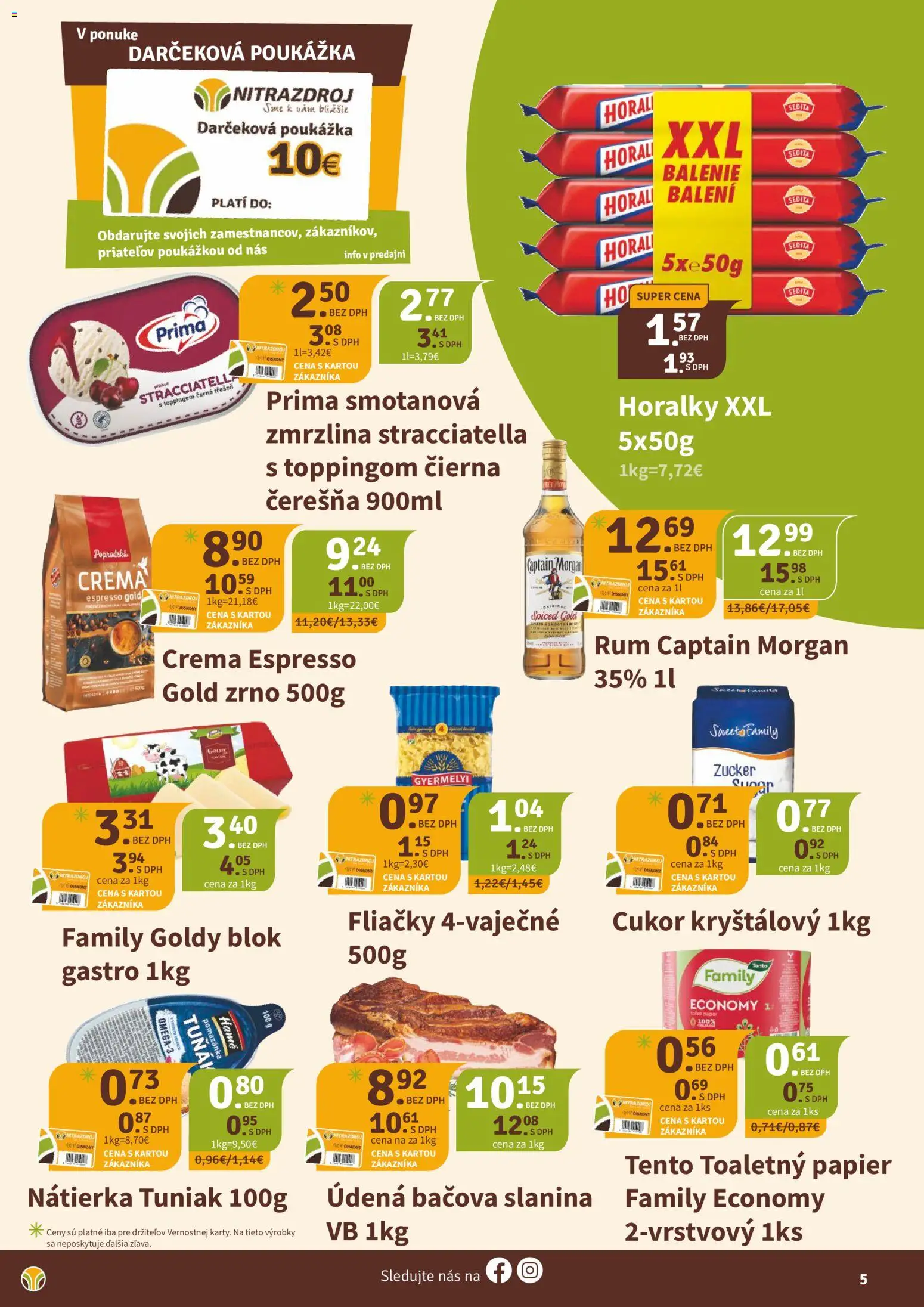 Nové Nitrazdroj akcie – leták je platný od 19.06.2026 | Strana: 5 | Produkty: Tuniak, Toaletný papier, Cukor, Rum