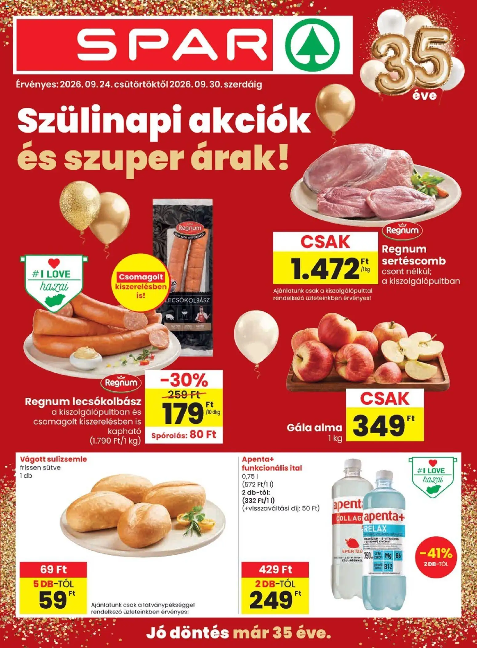 Spar akciós ujság - amely érvényes a következő dátumtól: 2026.09.24. | Oldal: 1 | Termékek: Magnézium, Sertéscomb, Alma, Lecsókolbász