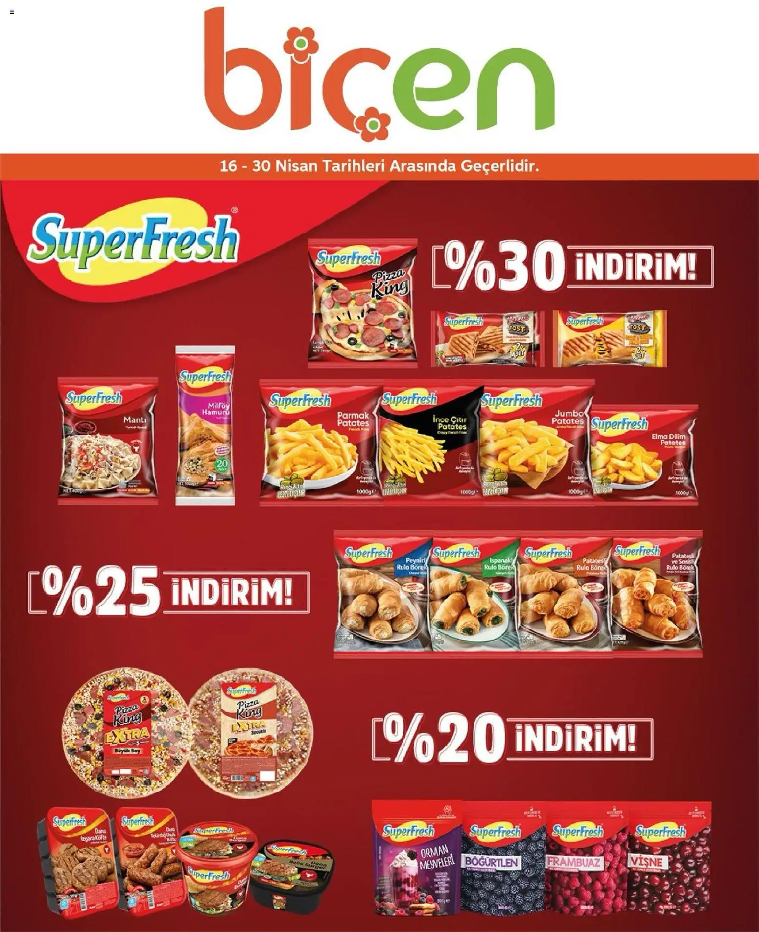 Biçen Market - İndirim Superfresh - 16.04.2026 tarihinden itibaren geçerlidir | Sayfa: 1 | Ürünler: Frambuaz, Ispanak, Patates, Böğürtlen