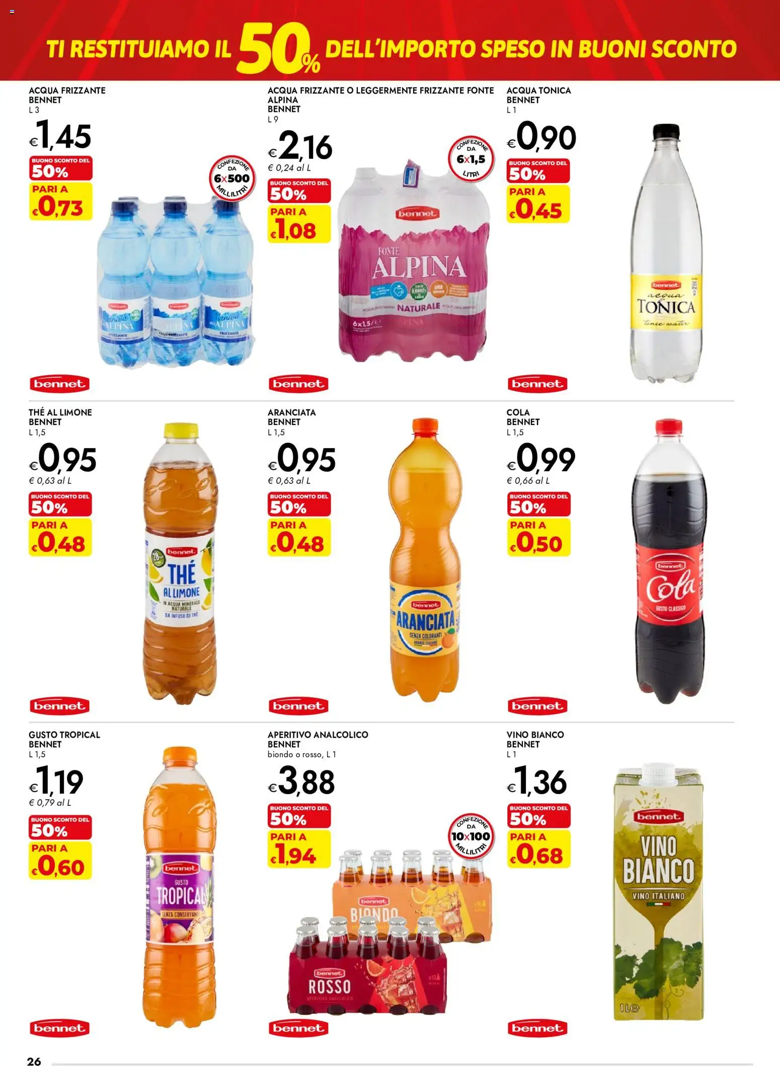 Volantino bennet del 03/09/2026 | Pagina: 26 | Prodotti: Acqua tonica, Acqua, Limone, Vino bianco