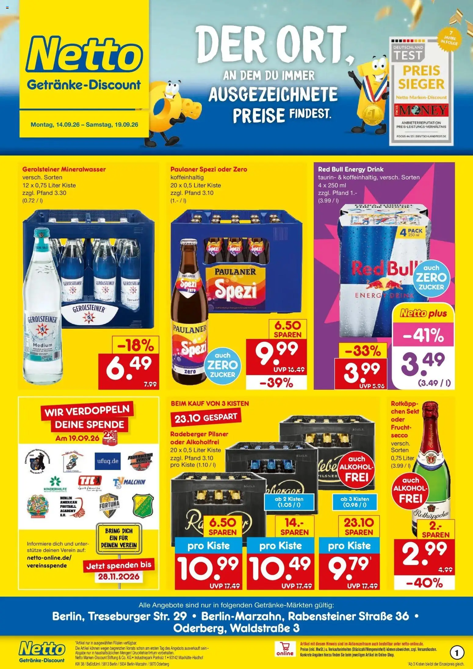 Netto Marken-Discount Prospekt Berlin-Marzahn – gültig ab 14.09.2026 | Seite: 1 | Produkte: Red bull, Mineralwasser, Zucker, Rotkäppchen