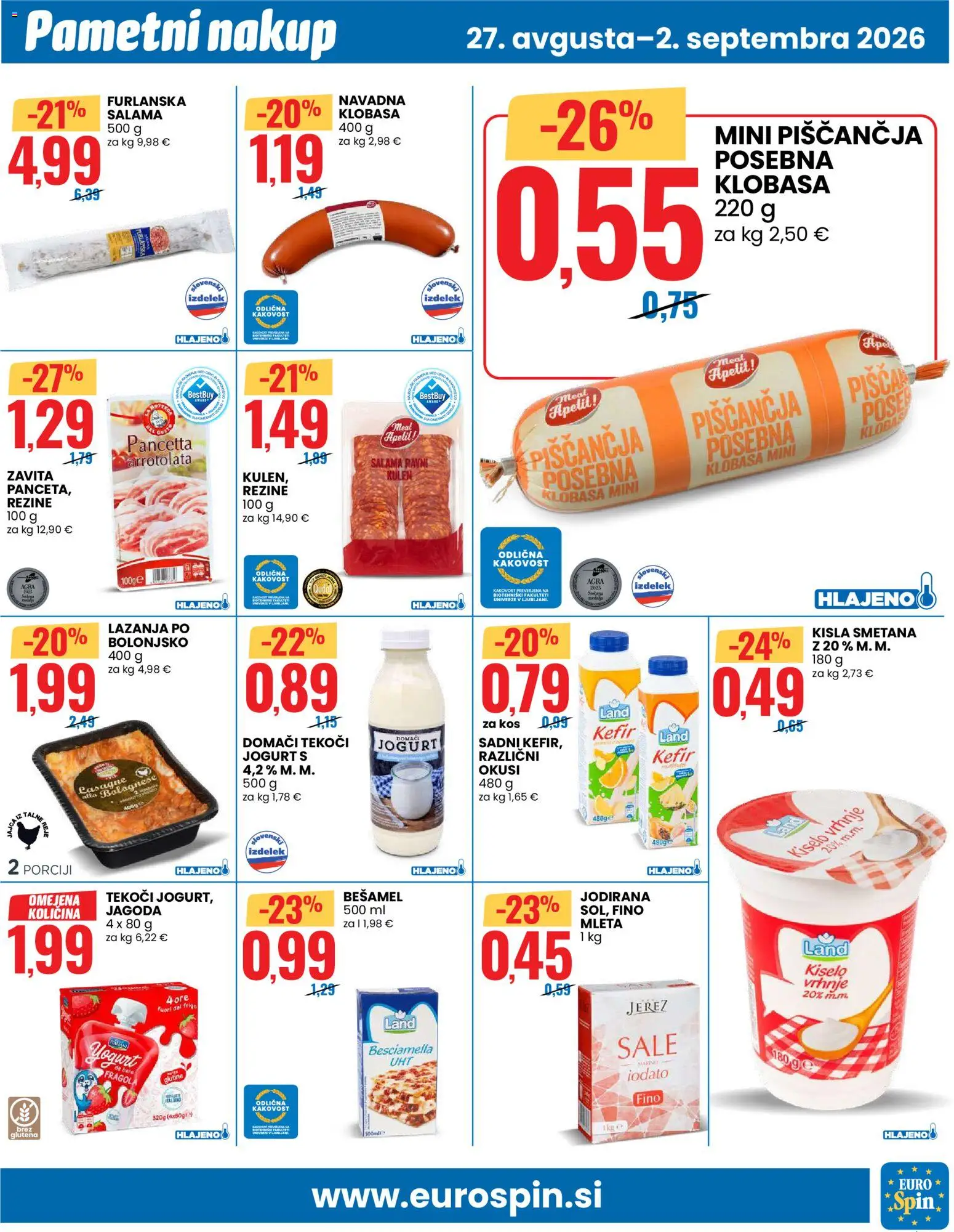 Novi Eurospin katalog ponudbe – veljaven od 27.08.2026 | Stran: 7 | Izdelki: Kefir, Kos, Jogurt, Salama