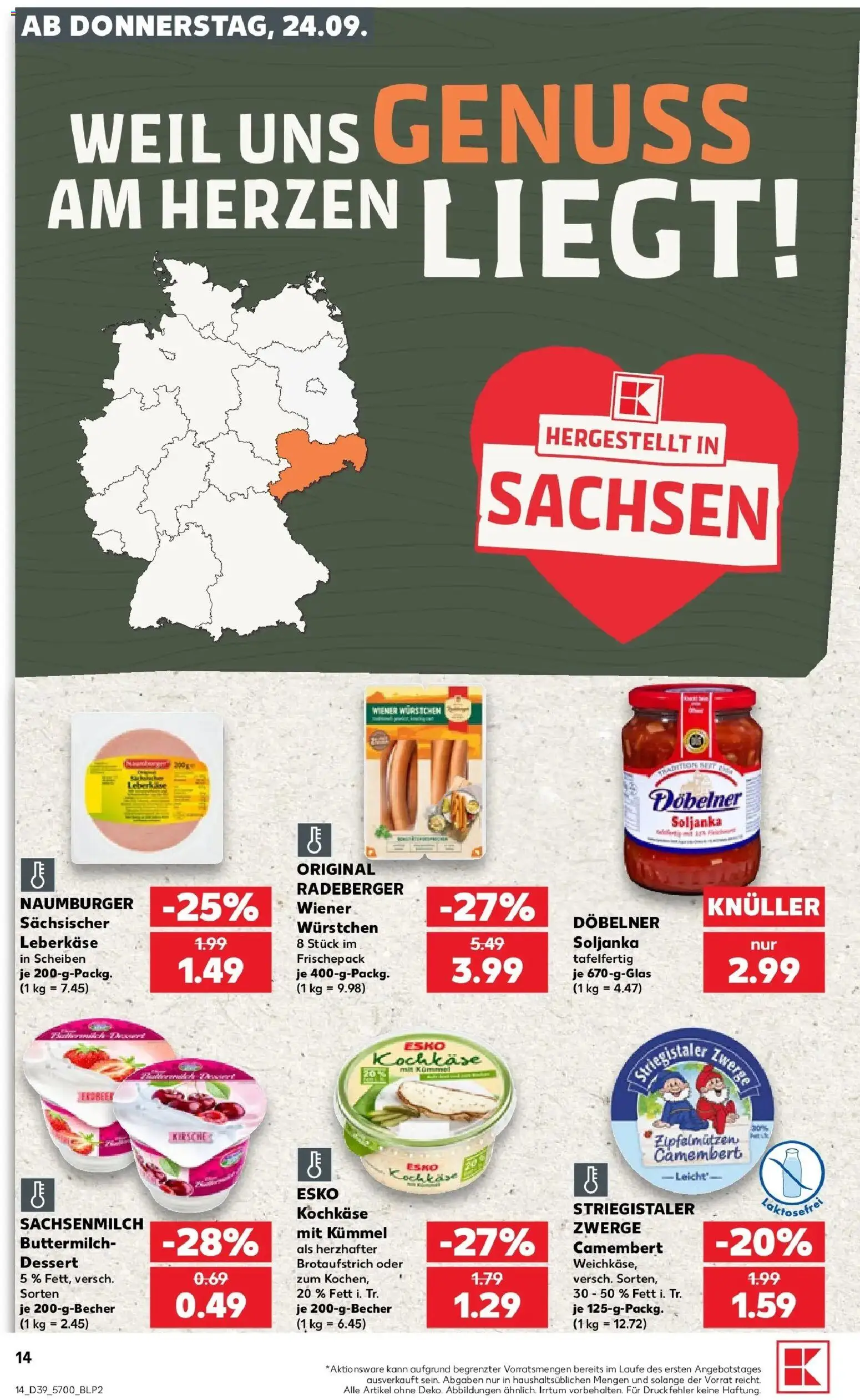 Prospekt Kaufland ab 24.09.2026 » Angebote Online zum Blättern | Seite: 14 | Produkte: Buttermilch, Wiener wurstchen, Camembert, Leberkase