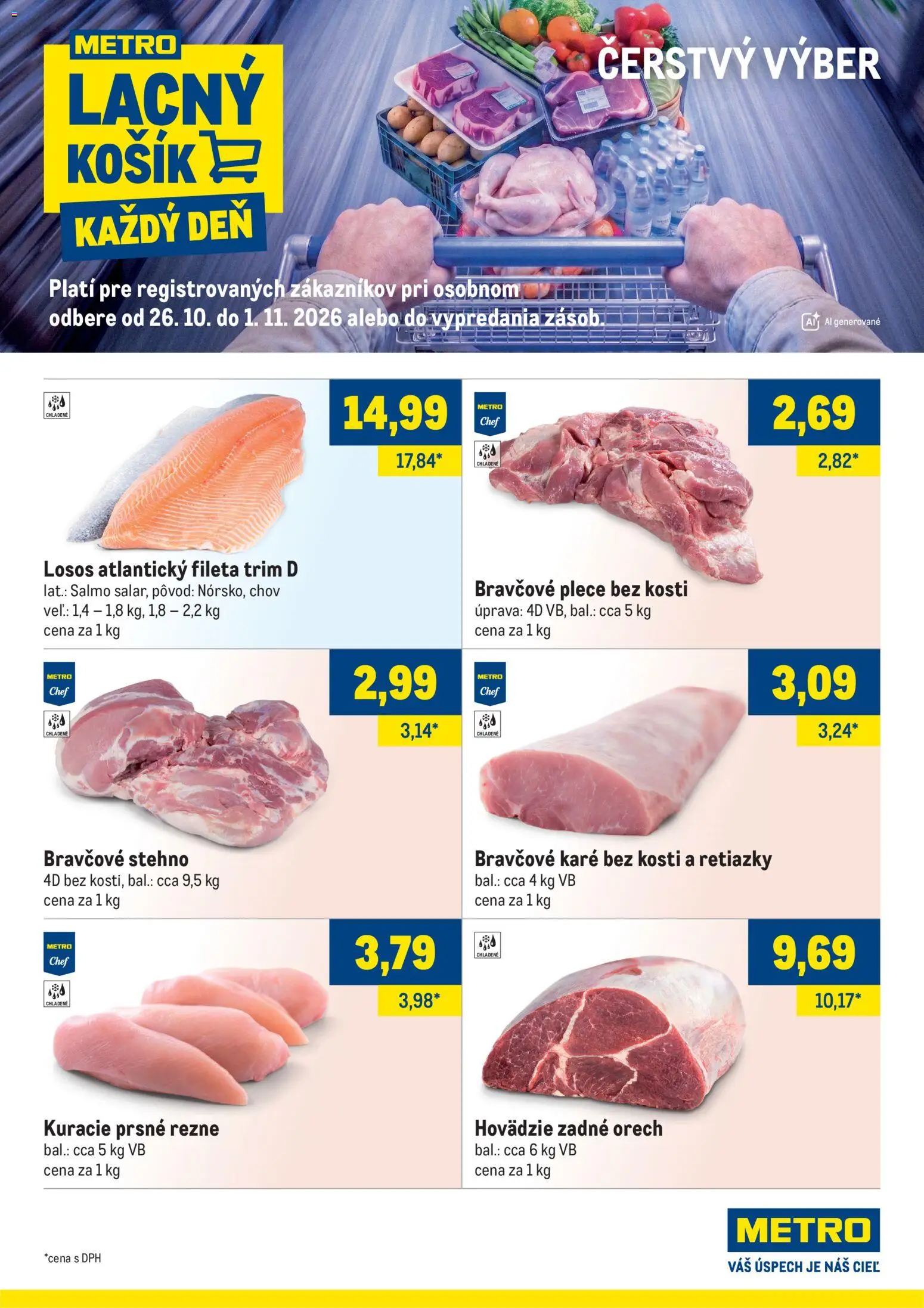 Nové Metro akcie – leták je platný od 26.10.2026 | Strana: 1 | Produkty: Losos, Prsné rezne, Kuracie prsné rezne, Bravčové karé
