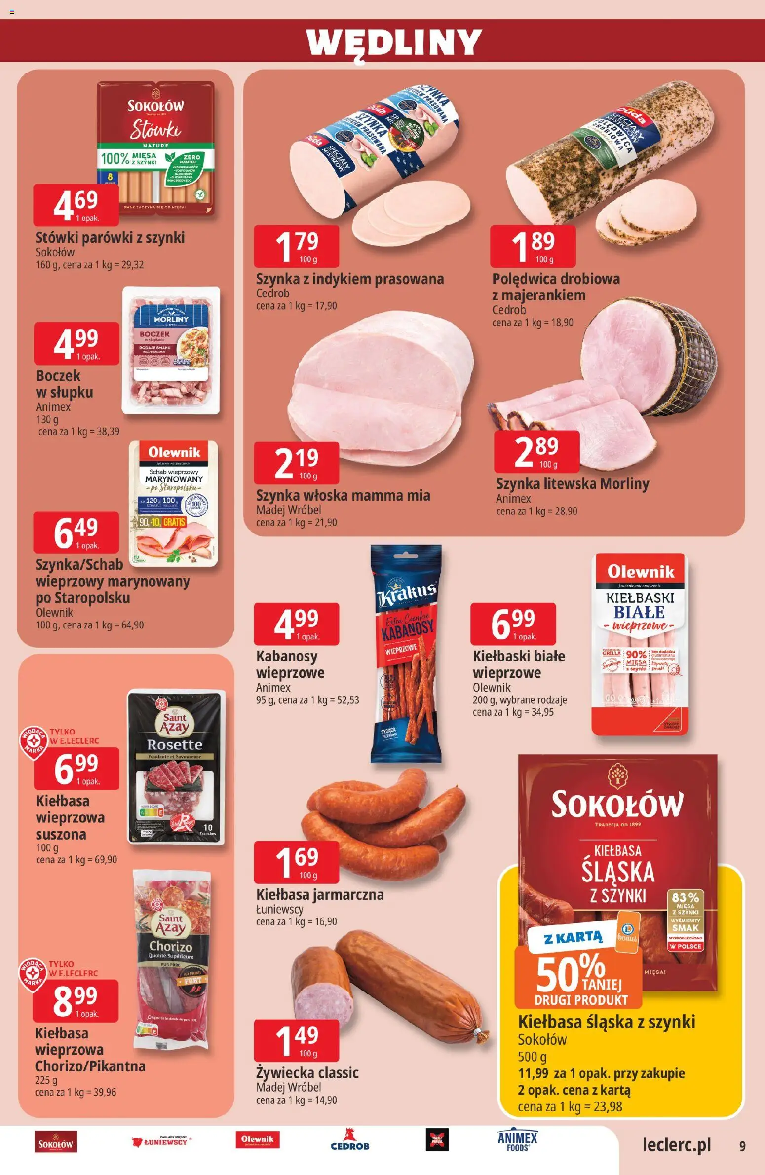 E.Leclerc gazetka - Tychy od 16.06.2026 | Strona: 9 | Produkty: Kiełbasa, Schab wieprzowy, Parówki z szynki, Szynka