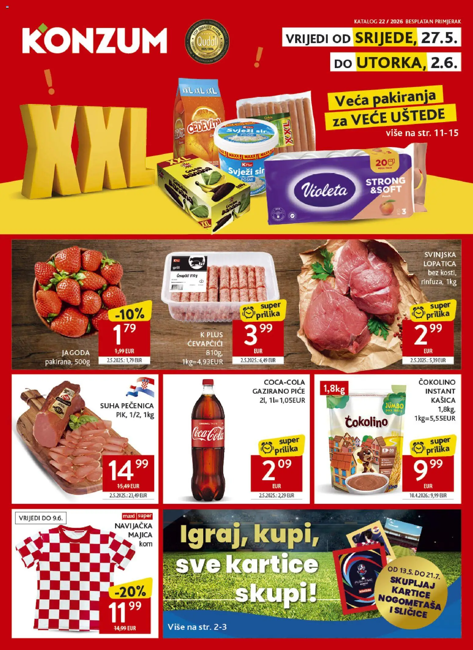 Konzum katalog | vrijedi od 27.05.2026 | Stranica: 1 | Proizvodi: Majica, Svježi sir, Violeta, Čokolino