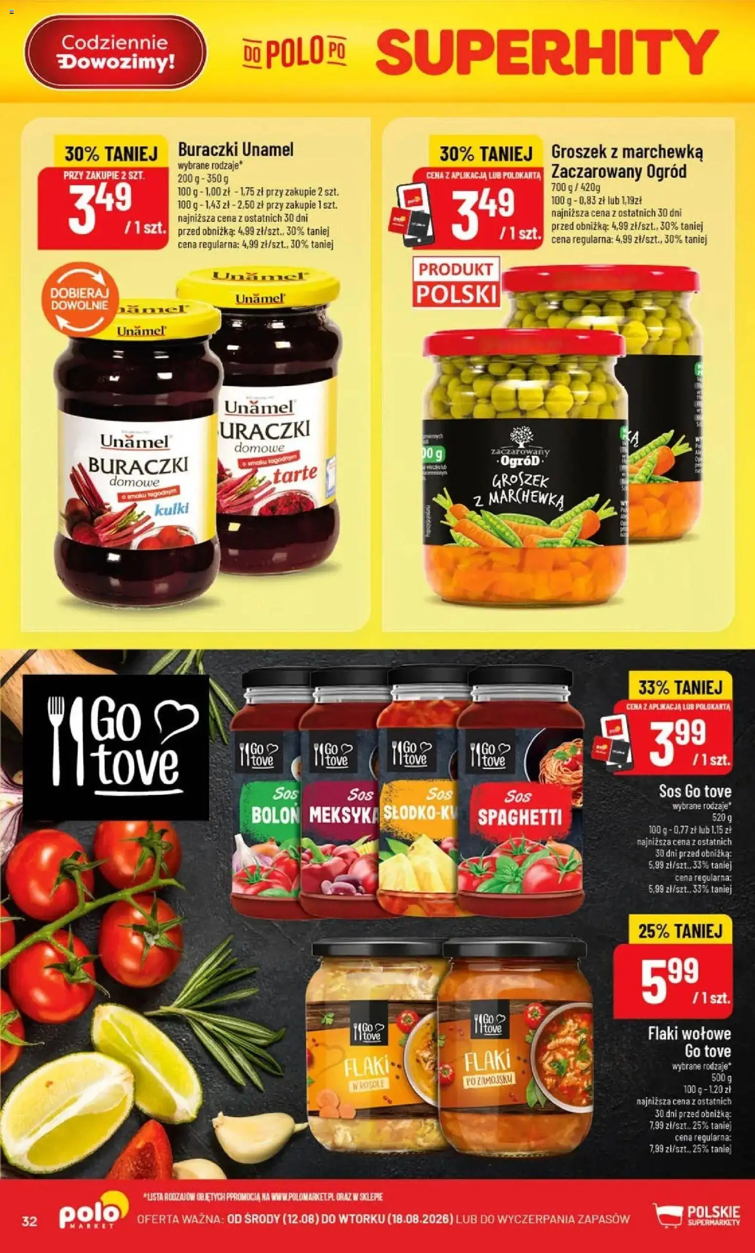Nowa POLOmarket gazetka od jutra 12.08.2026 | Strona: 32 | Produkty: Groszek z marchewką, Spaghetti, Flaki, Marchewka