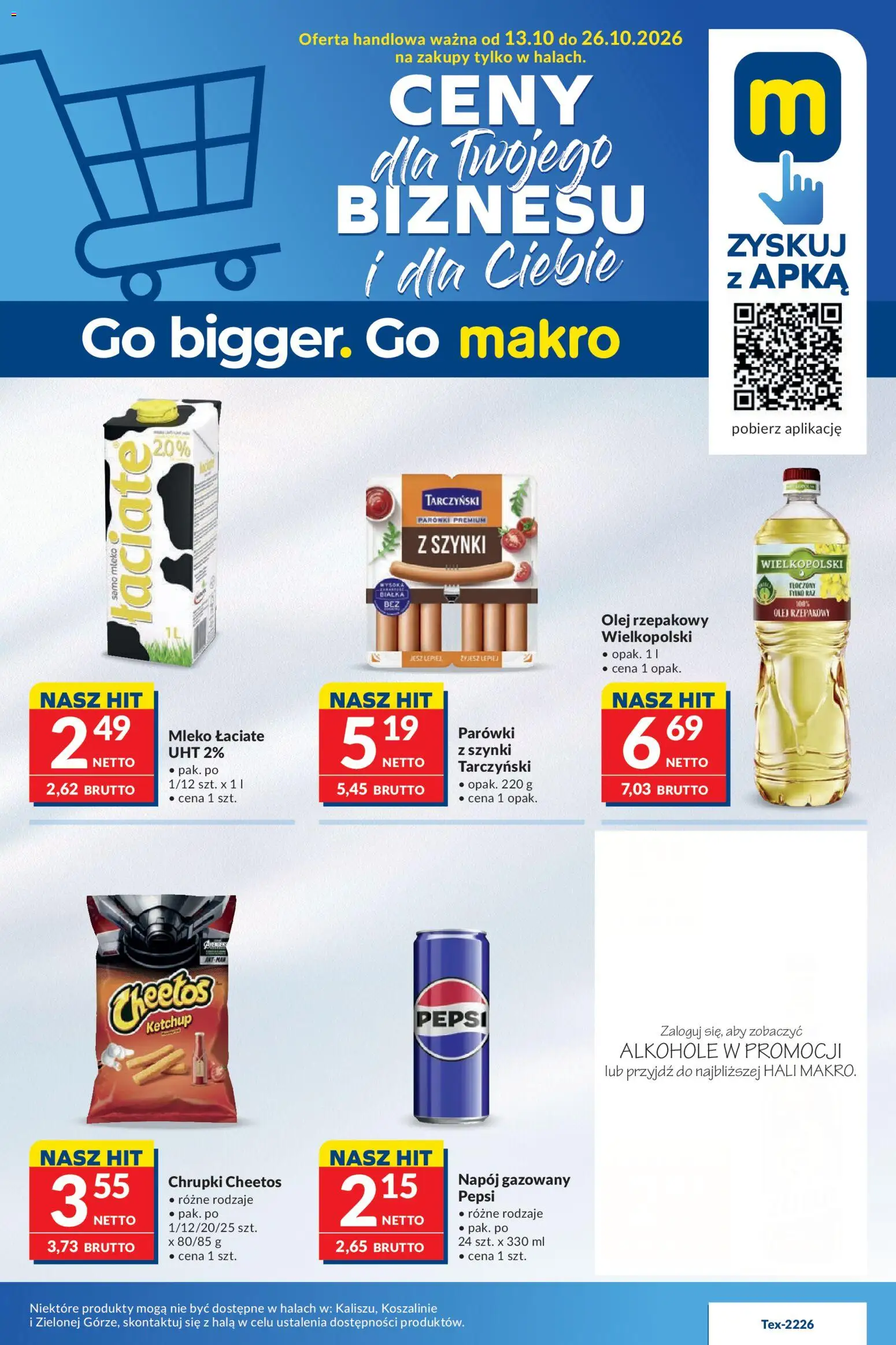 Makro gazetka od 13.10.2026 | Strona: 1 | Produkty: Alkohole, Pepsi, Parówki, Mleko