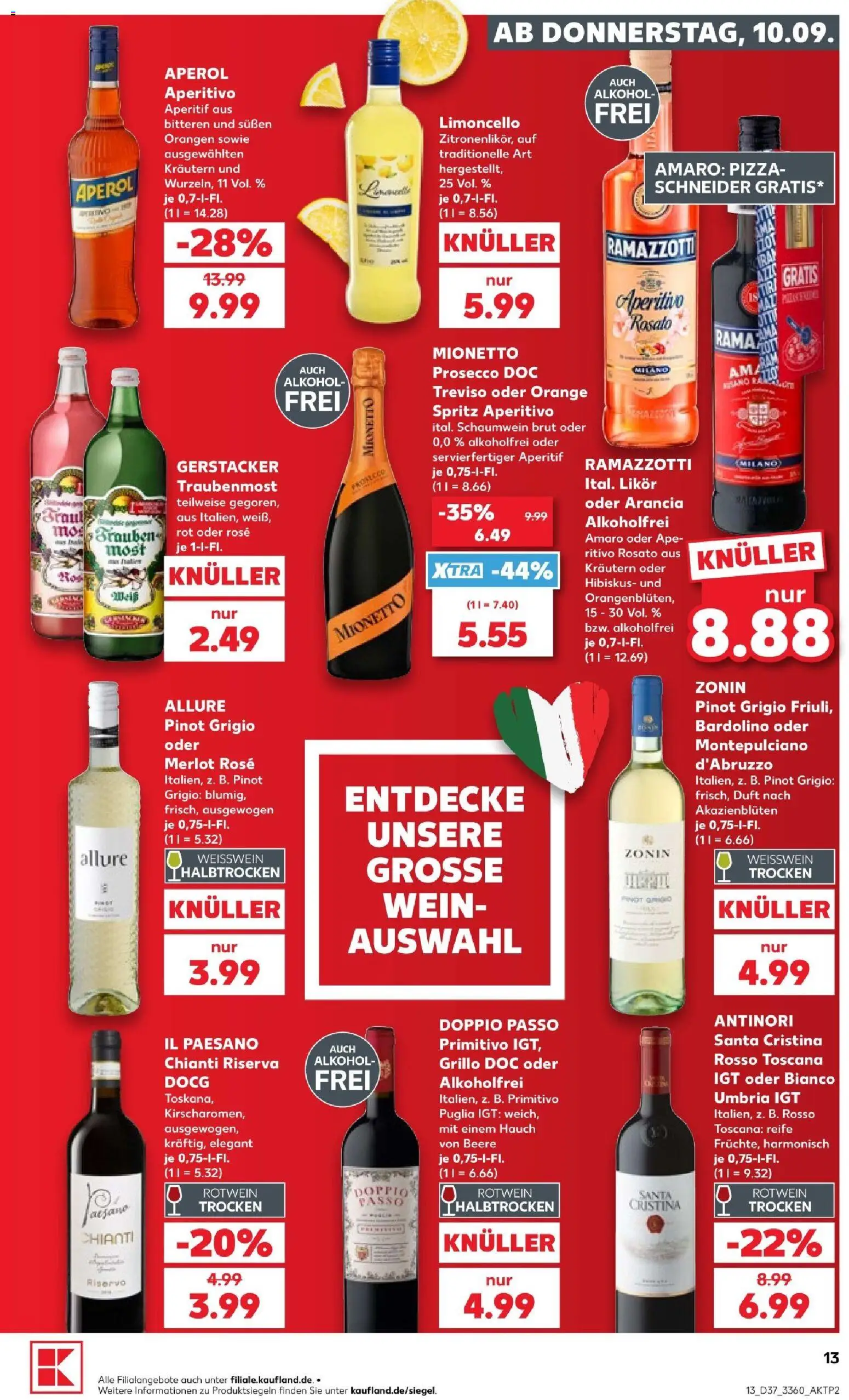 Kaufland Prospekt – gültig ab 10.09.2026 | Seite: 13 | Produkte: Rotwein trocken, Weißwein trocken, Pizza, Aperol