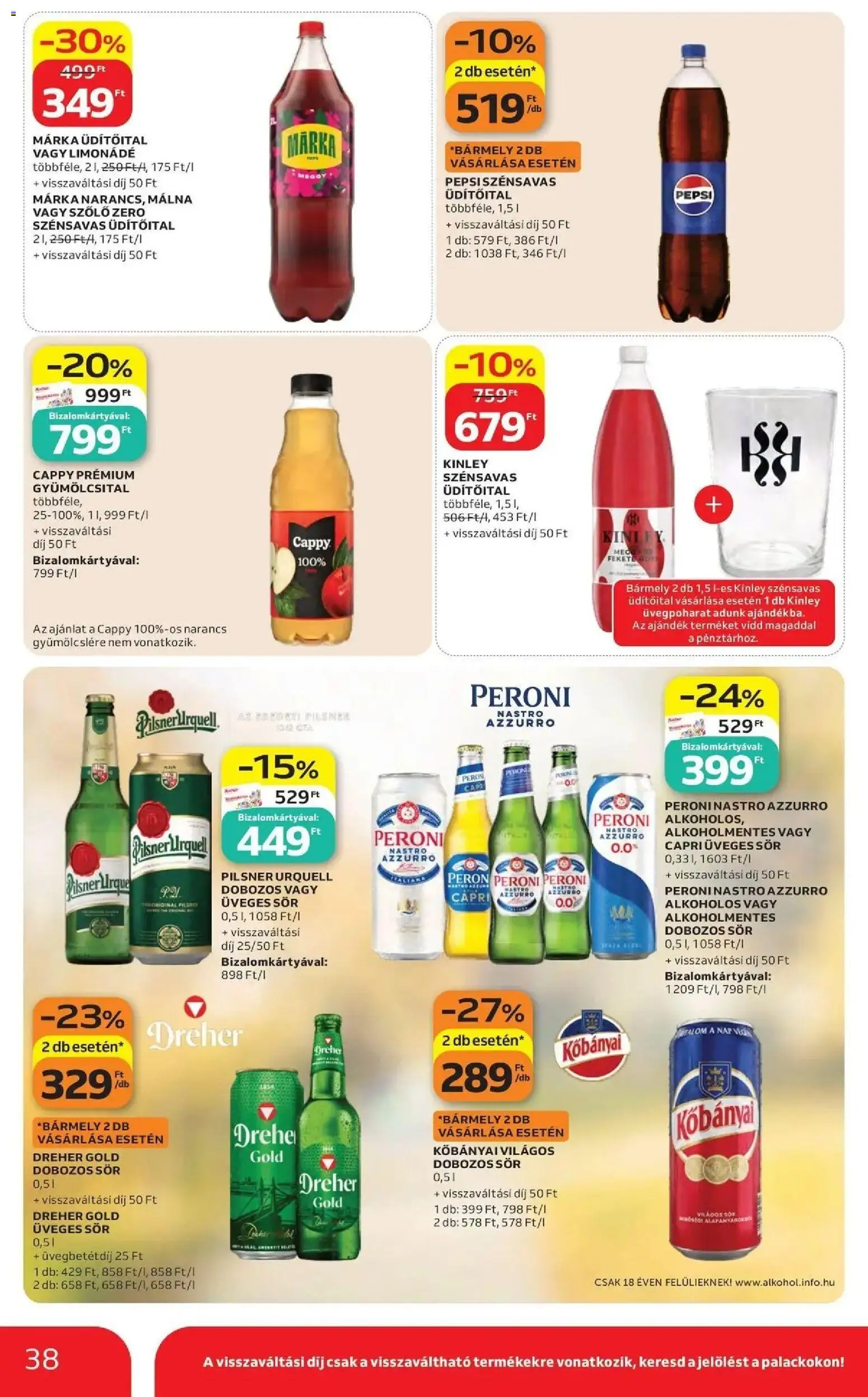 Auchan akciós újság Szolnok - 2026.10.08. -tól/töl > akció, lapozható szórólap 🛍️ | Oldal: 38 | Termékek: Kinley, Kőbányai, Peroni, Narancs