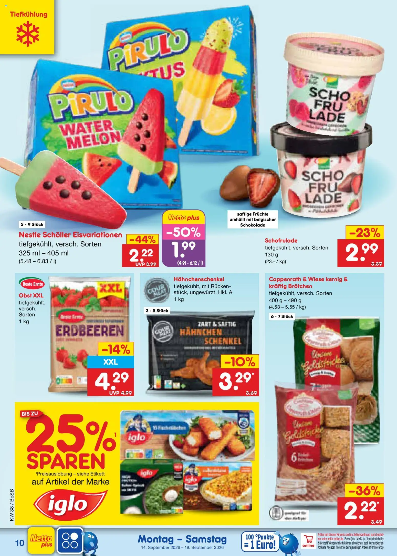 Netto Marken-Discount Prospekt – gültig ab 14.09.2026 | Seite: 14 | Produkte: Hahnchen, Schokolade, Iglo, Obst