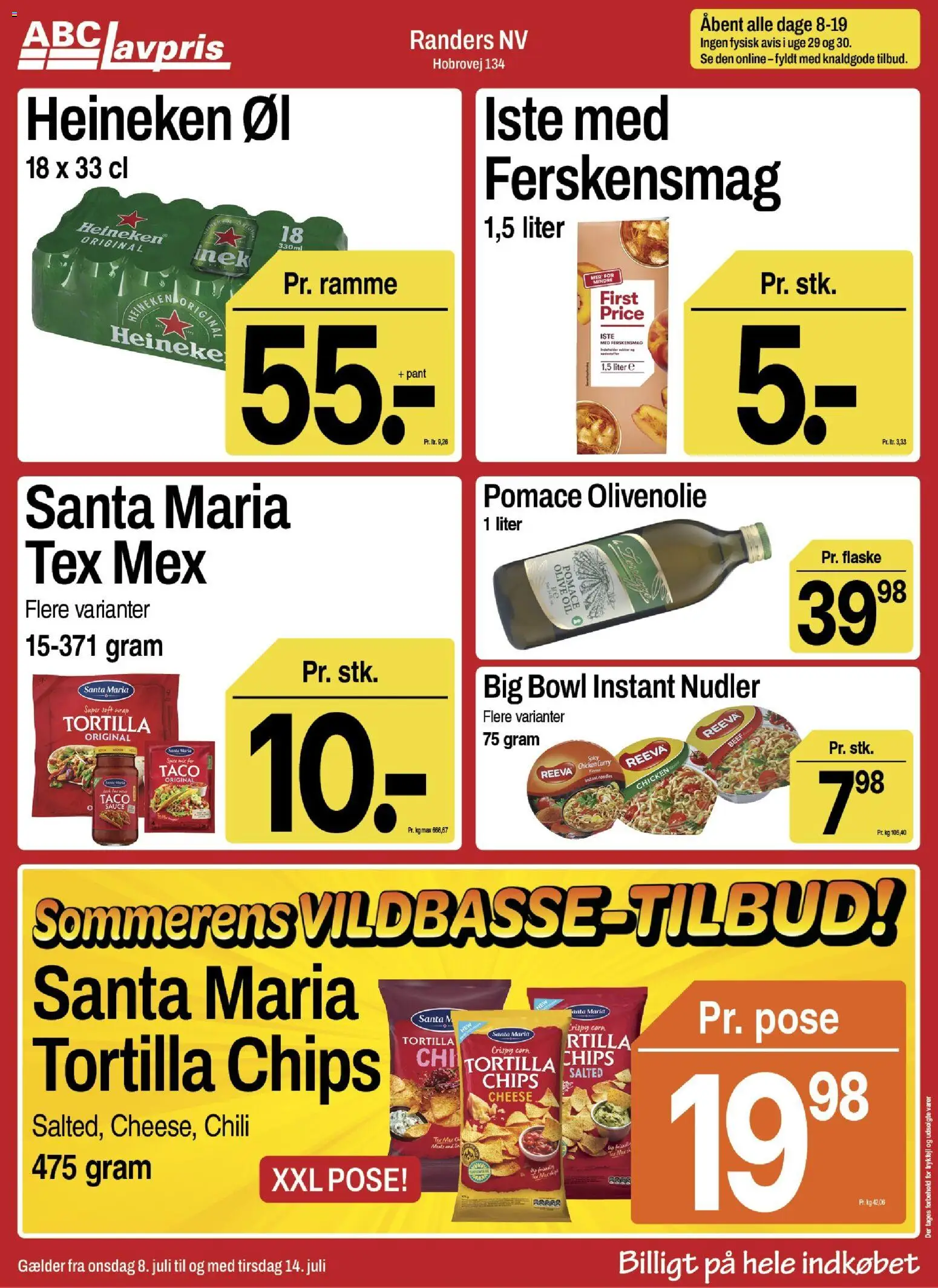Abc Lavpris tilbudsavis – gyldig fra 08/07/2026 | Side: 1 | Produkter: Øl, Nudler, Chips, Olivenolie