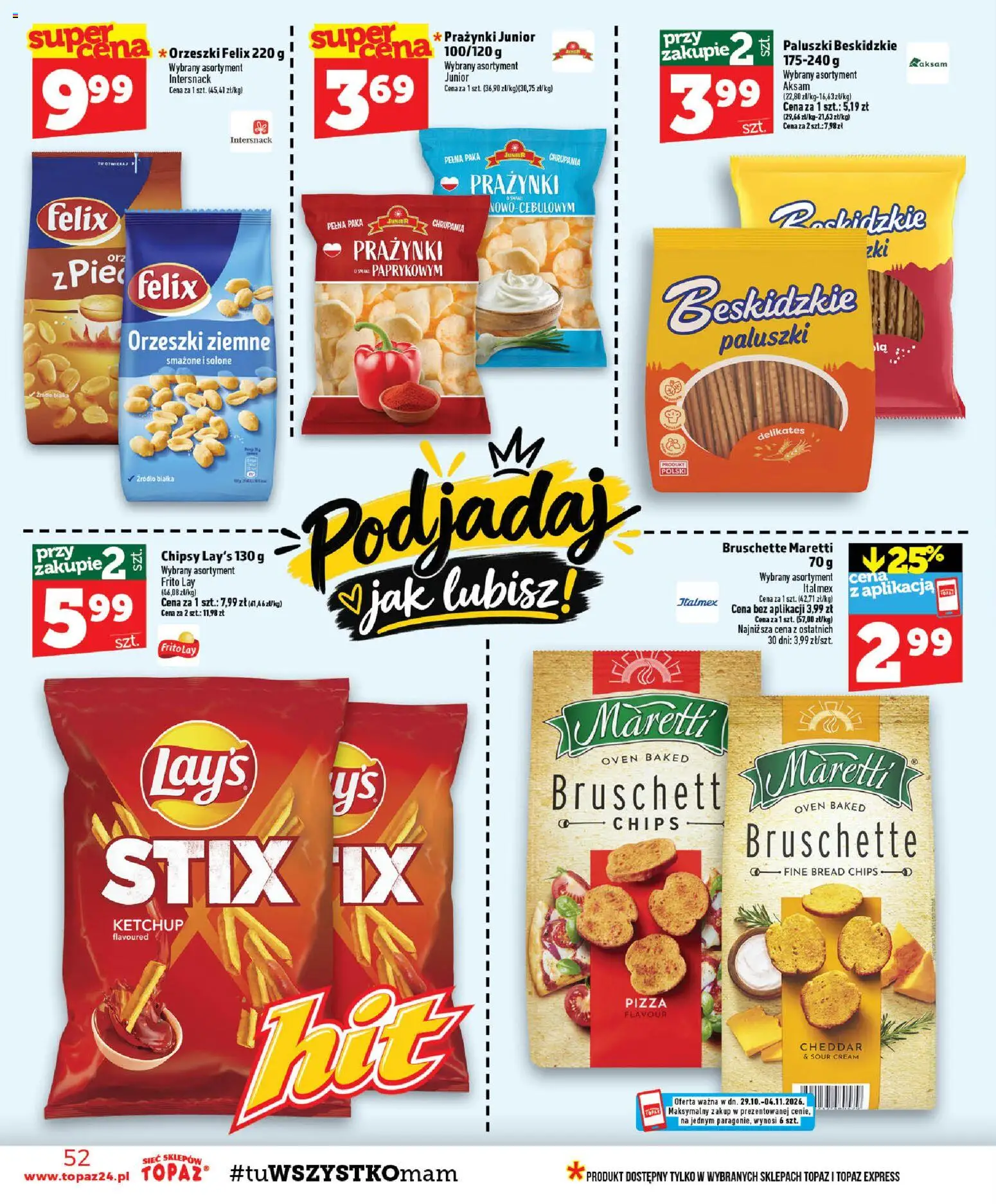 Topaz gazetka - MAZ od 29.10.2026 | Strona: 52 | Produkty: Chipsy, Paluszki, Pizza, Orzeszki