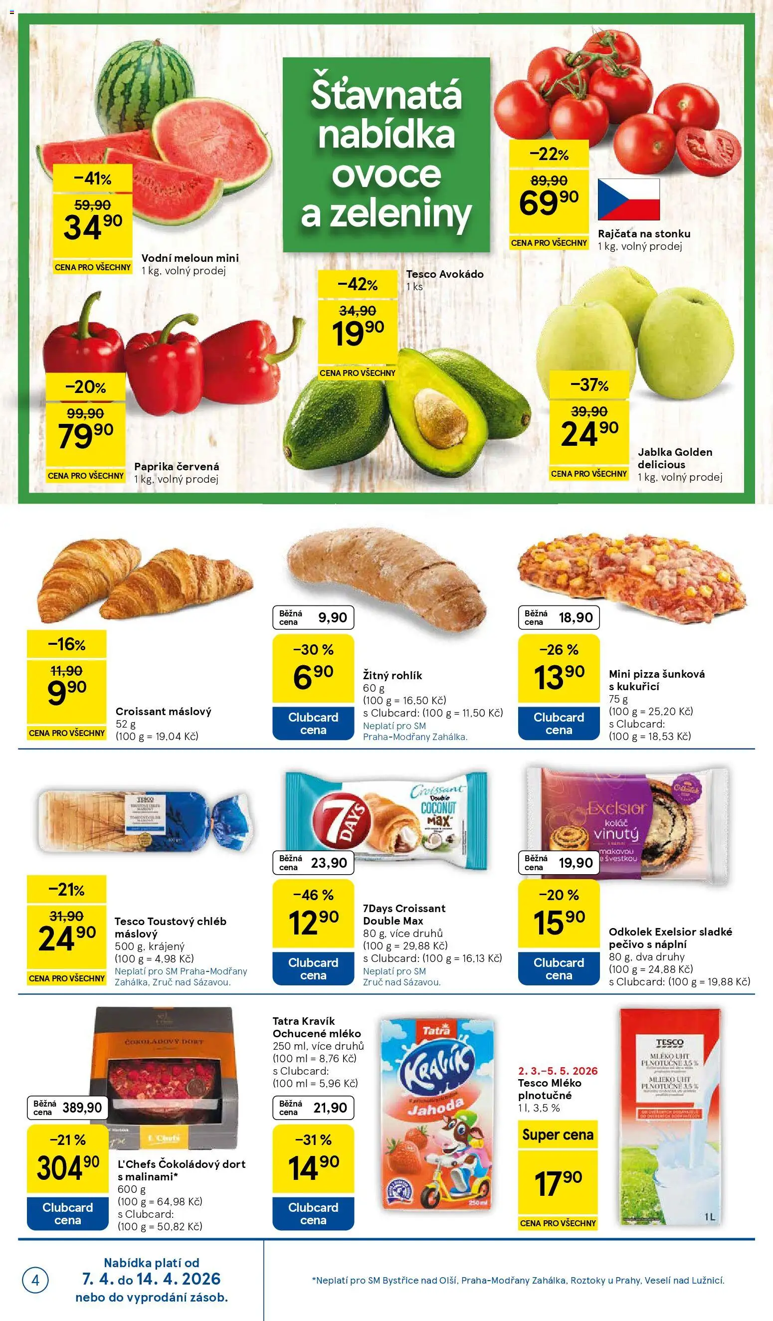 Tesco leták - Supermarket od 07.04.2026 | Strana: 4 | Produkty: Mléko, Chléb, Dort, Kola