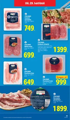 Lidl akciós újság - amely érvényes a következő dátumtól: 2026.06.25. | Oldal: 65 | Termékek: Prosciutto crudo, Sertéstarja, Antipasti, Mortadella