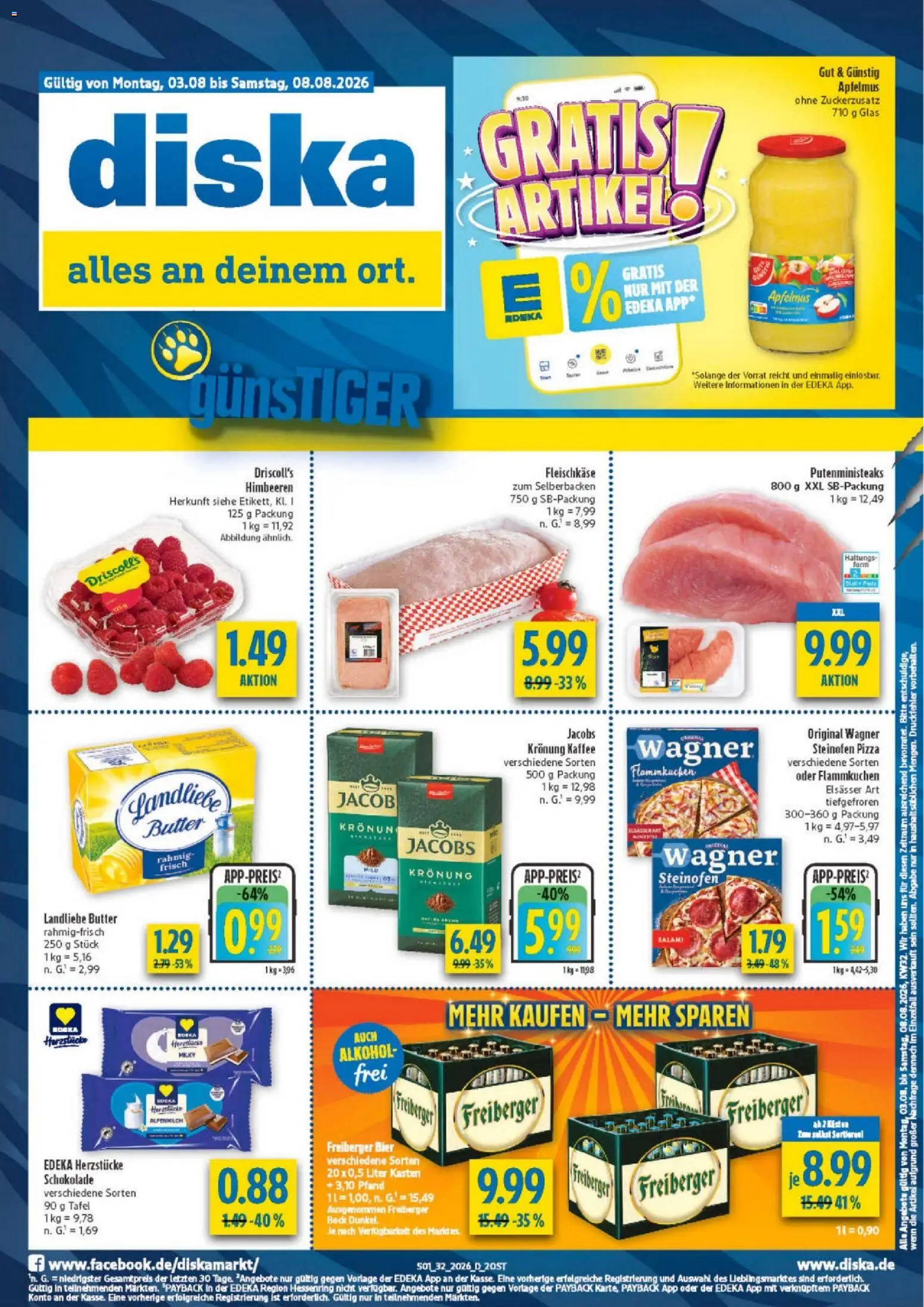 Diska Prospekt – gültig ab 03.08.2026 | Seite: 1 | Produkte: Himbeeren, Schokolade, Bier, Landliebe butter