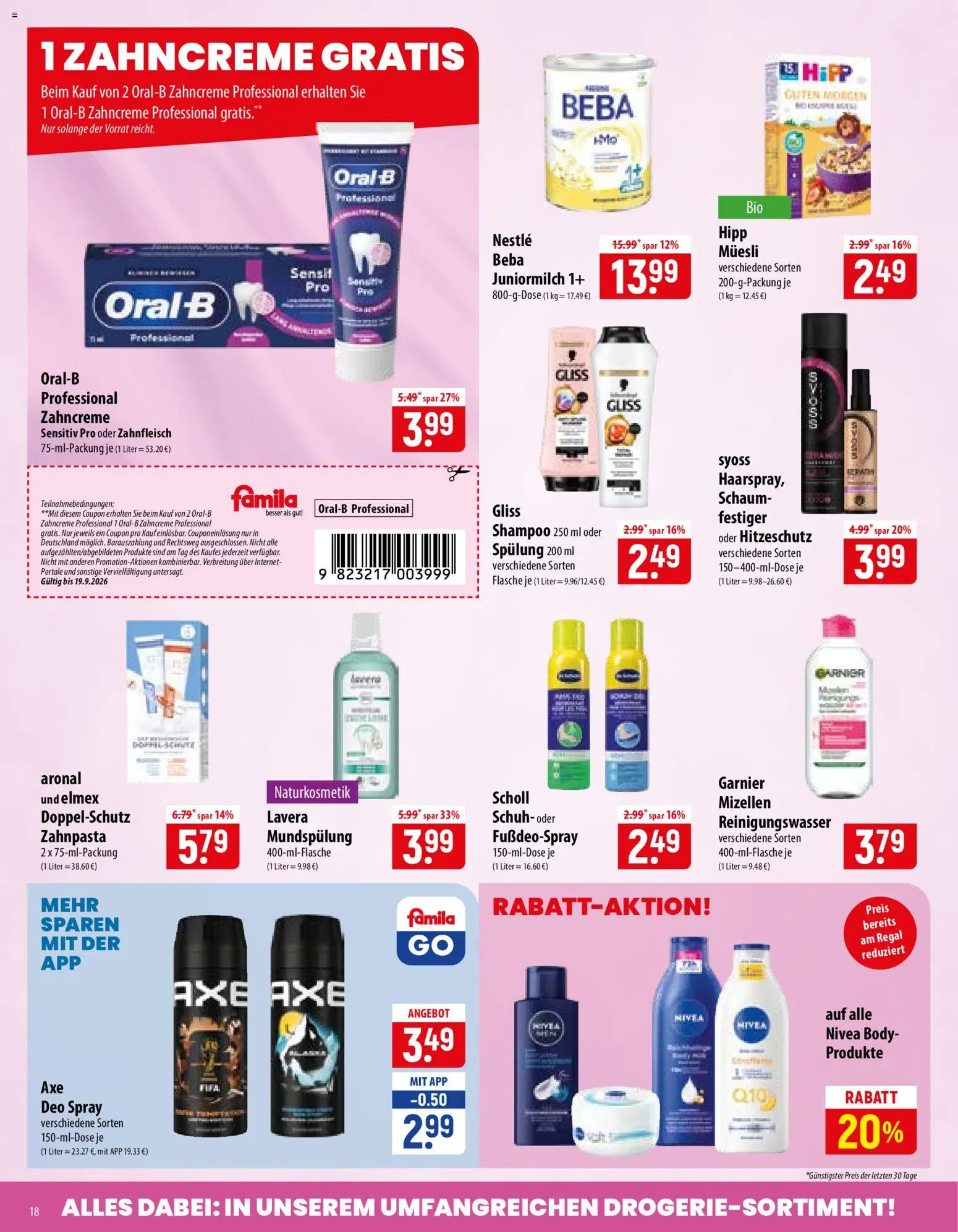 Famila Prospekt – gültig ab 14.09.2026 | Seite: 18 | Produkte: Regal, Spülung, Zahnpasta, Pril