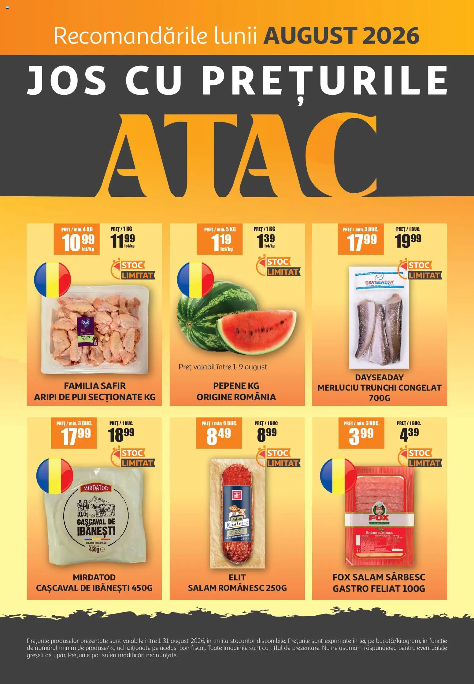 Noul catalog ATAC – valabil de la 01.08.2026 | Pagină: 1 | Produse: Hacıyatmaz Kedi Oyuncağı, Cașcaval, Salam