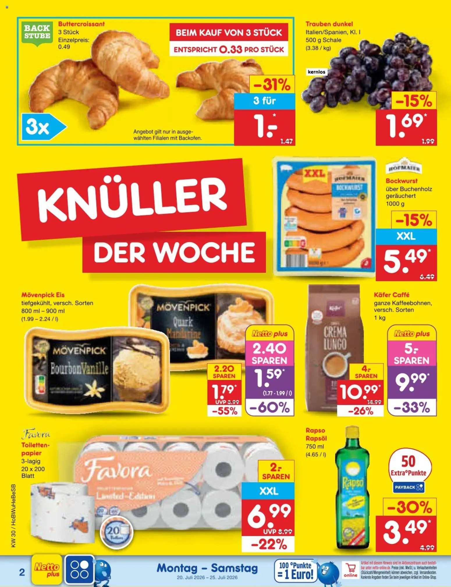 Netto Marken-Discount Prospekt – gültig ab 20.07.2026 | Seite: 2 | Produkte: Bockwurst, Trauben, Movenpick eis, Eis