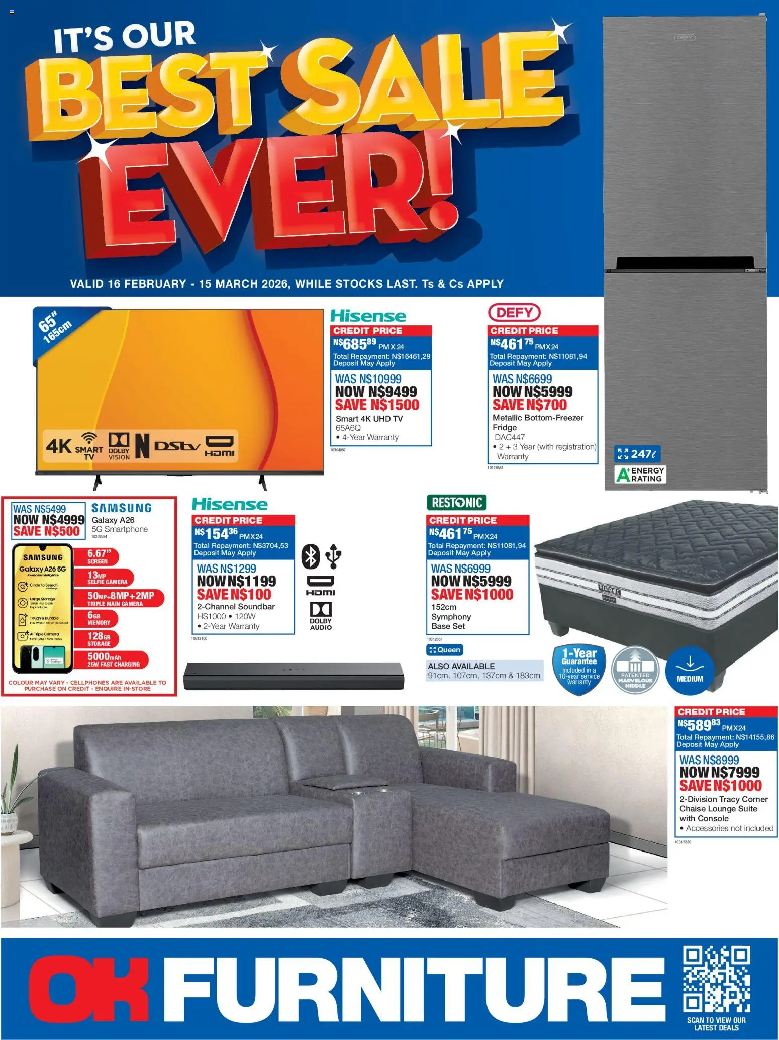 New OK Furniture catalogue – valid from 16.02.2026 | Page: 1 | Products: TV, Fridge, Soundbar, Chaise