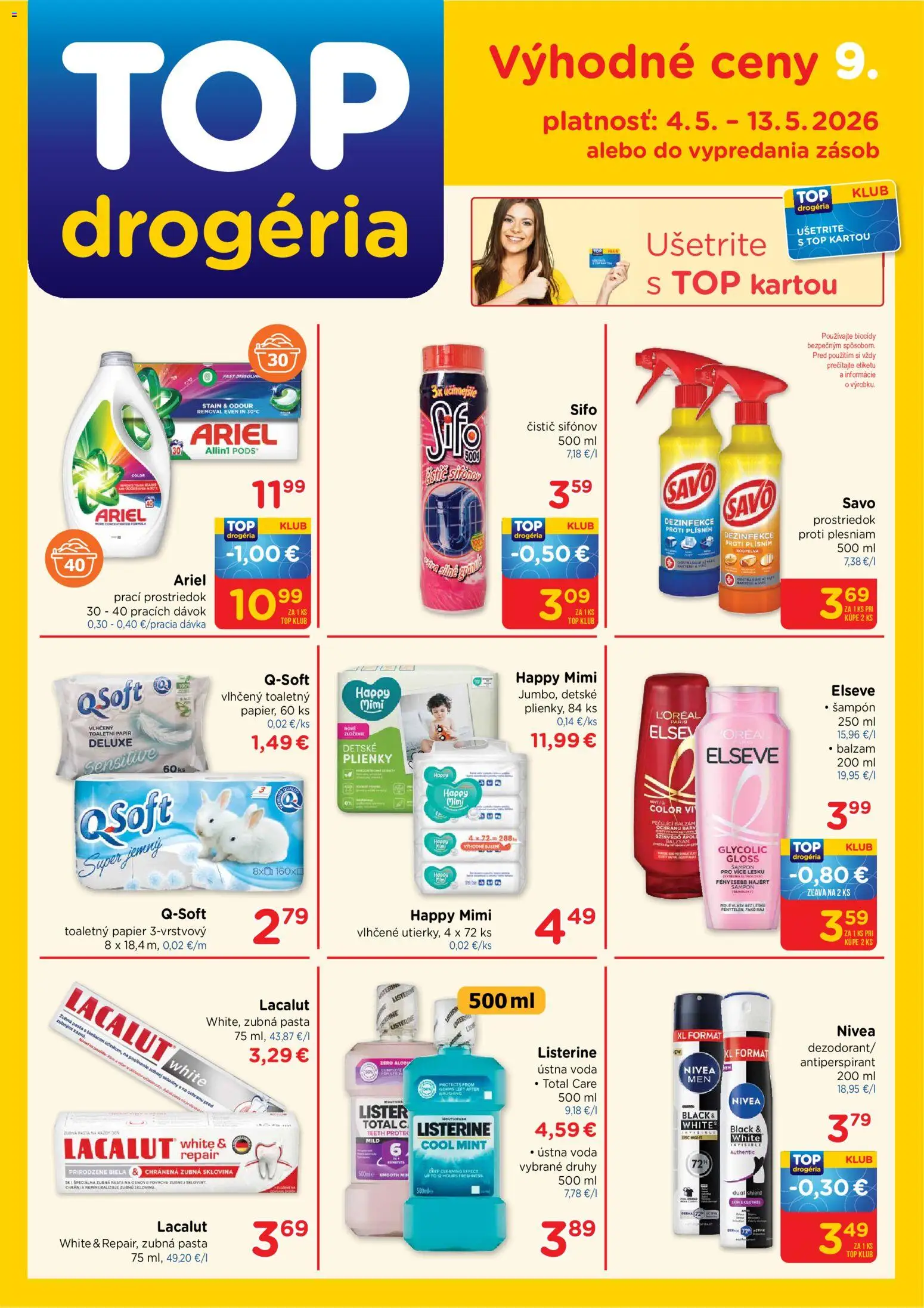 Nové TOP Drogéria akcie – leták je platný od 04.05.2026 | Strana: 1 | Produkty: Listerine, Šampón, Toaletný papier, Ústna voda