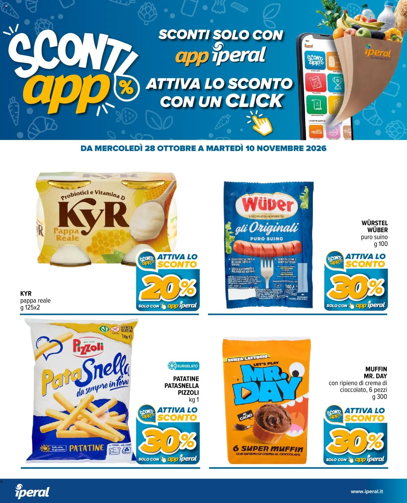 Volantino Iperal del 28/10/2026 | Pagina: 21 | Prodotti: Cioccolato, Wurstel, Muffin, Probiotici