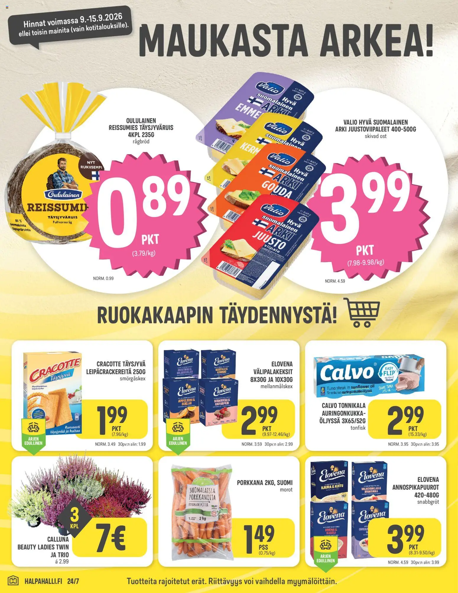 Halpa Halli tarjoukset – voimassa 09/09/2026 alkaen | Sivu: 2 | Tuotteet: Kaura, Voi, Juusto, Suklaa