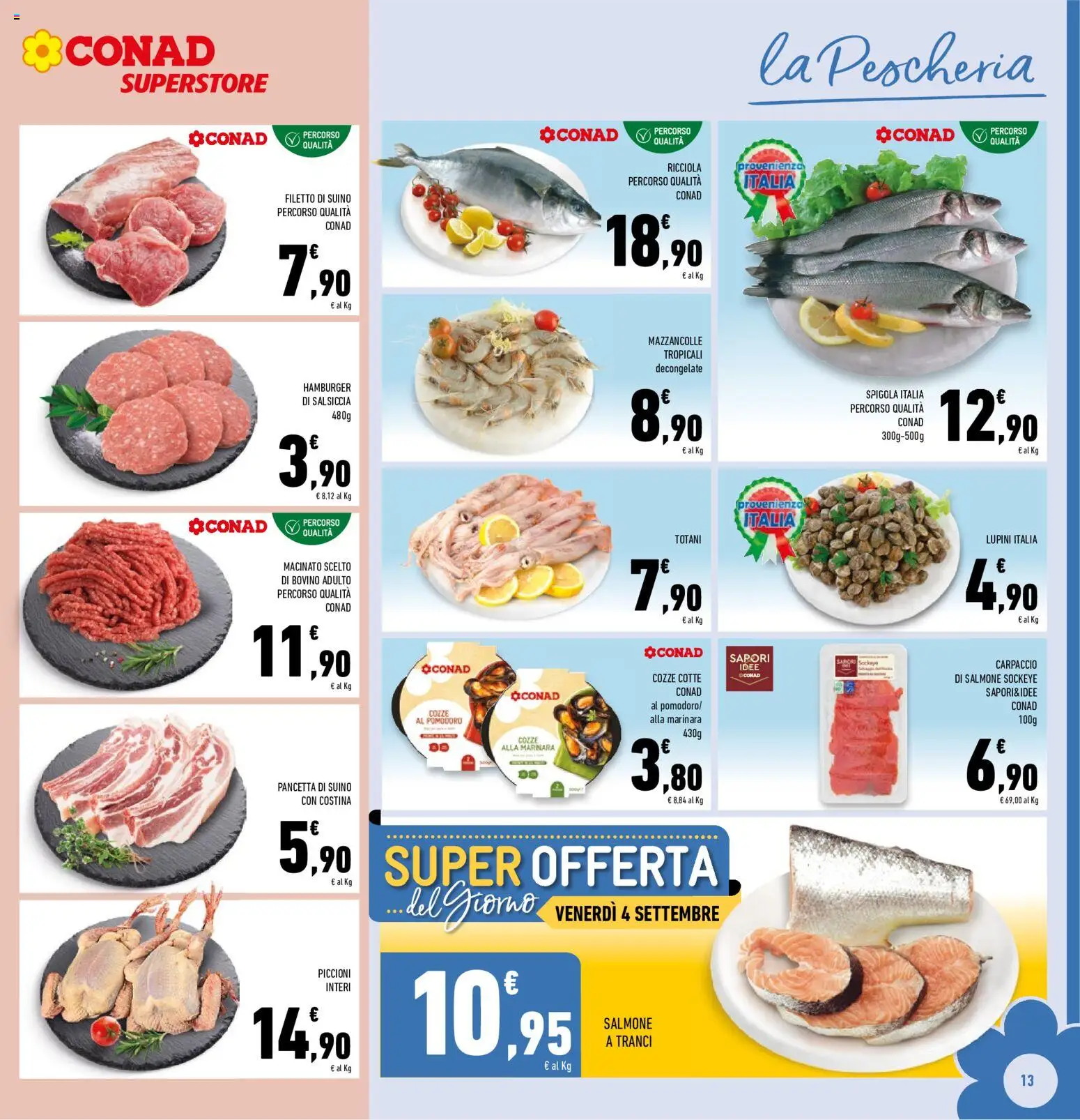 Volantino Conad del 26/08/2026 | Pagina: 13 | Prodotti: Mazzancolle, Pomodoro, Spigola, Hamburger