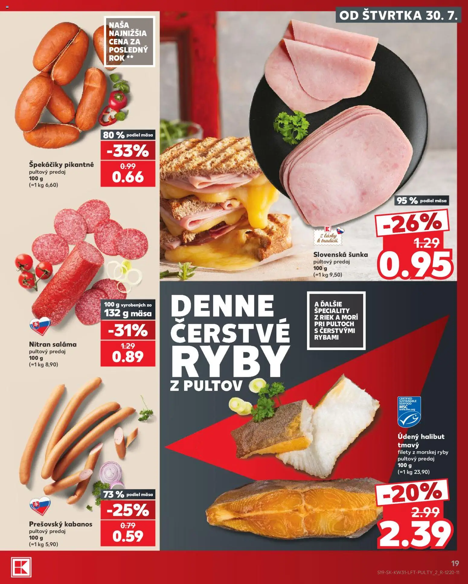 Nové Kaufland akcie – leták je platný od 30.07.2026 | Strana: 19 | Produkty: Saláma, Šunka, Ryby