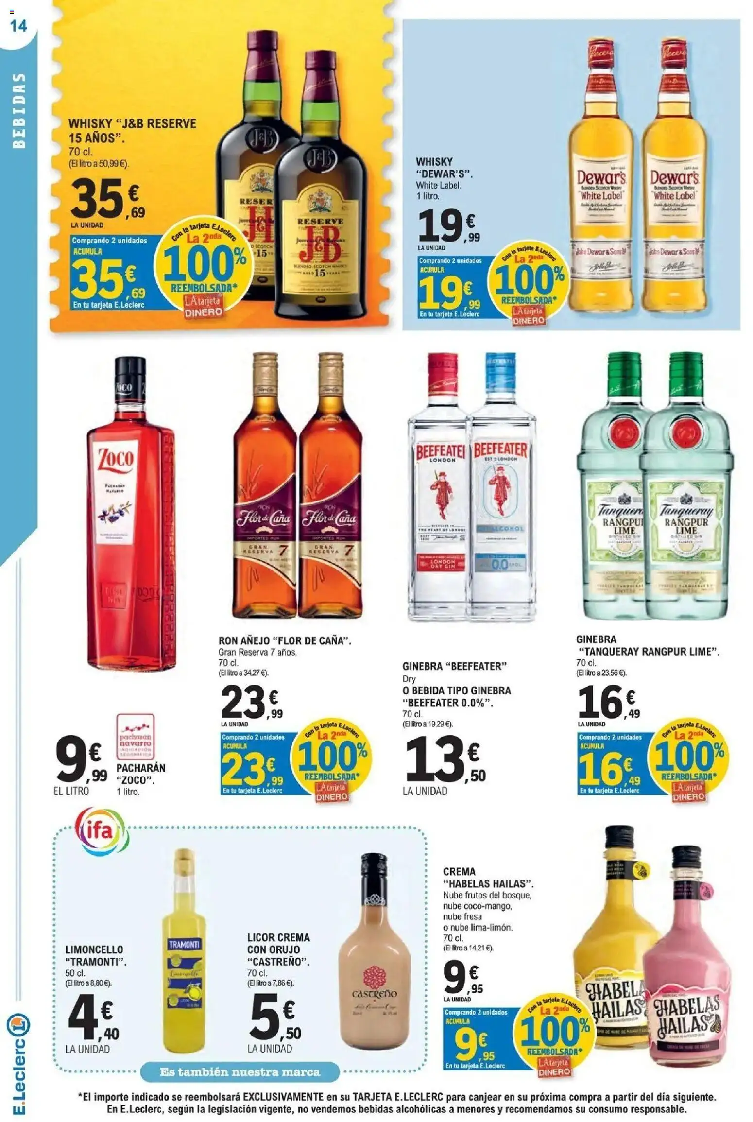 E.Leclerc Megames 1 │ válido desde el 23/09/2026 | Página: 14 | Productos: Ron, Ginebra, Crema, Ron añejo