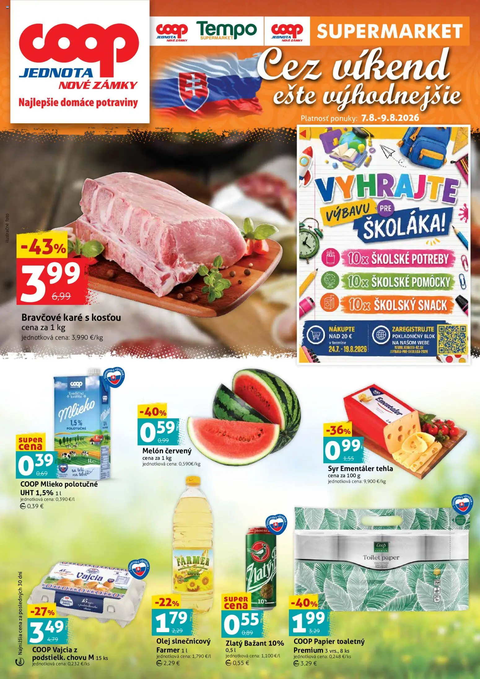 Nové COOP Jednota akcie – leták je platný od 07.08.2026 | Strana: 1 | Produkty: Mlieko, Vajcia, Zlatý Bažant, Bravčové karé