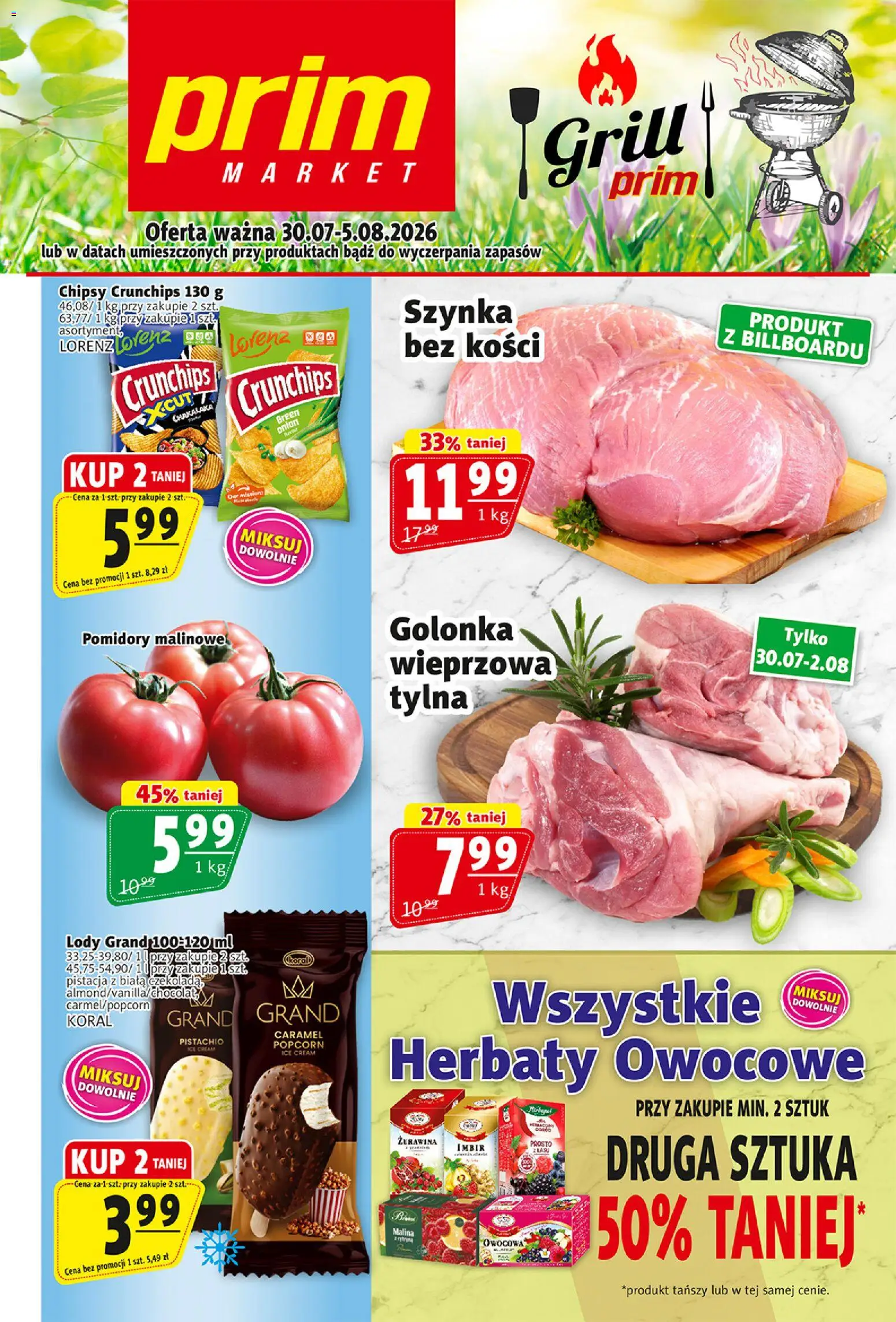 Prim Market gazetka od 30.07.2026 | Strona: 1 | Produkty: Szynka, Pomidory malinowe, Popcorn, Pomidory
