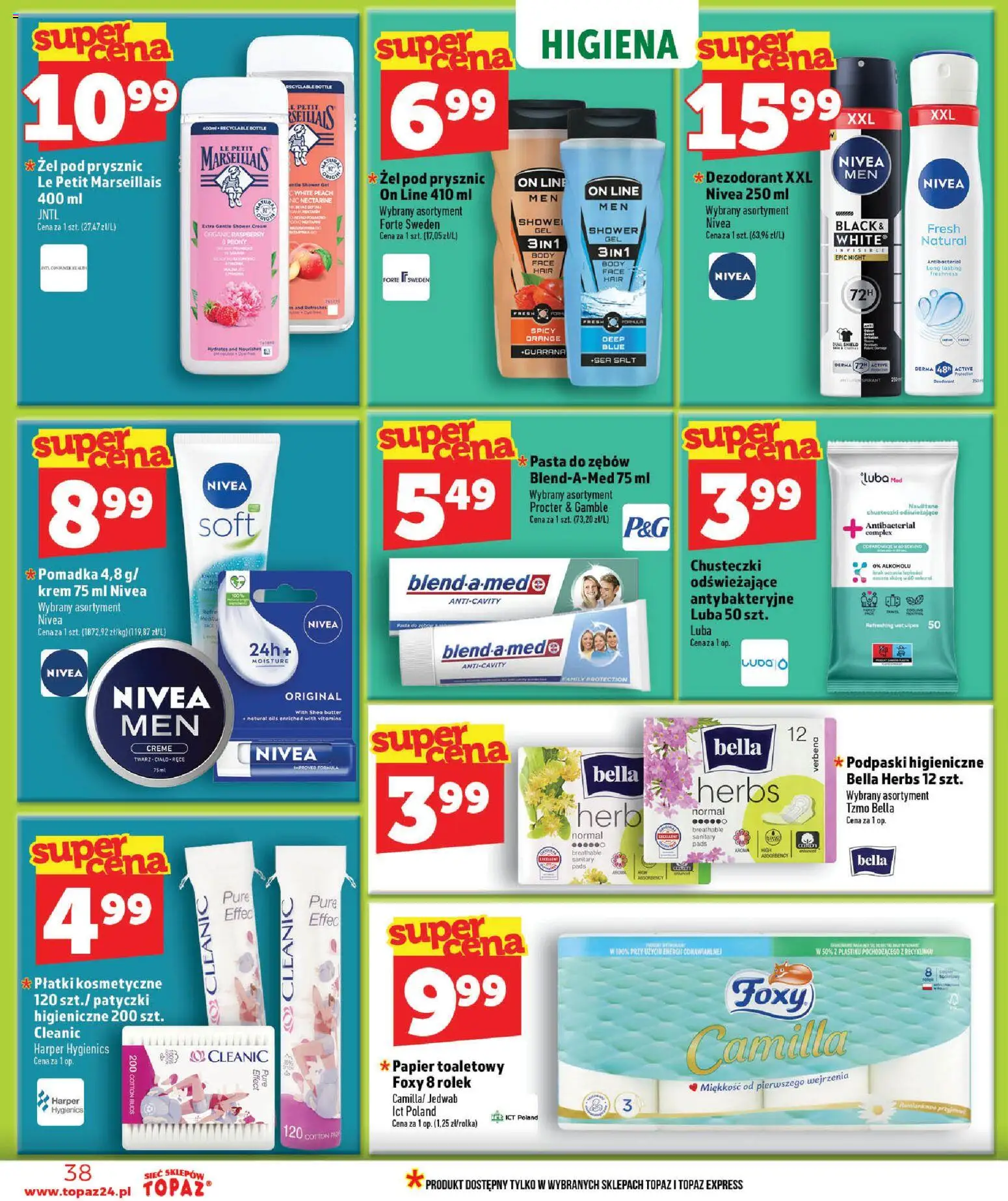 Topaz gazetka - Ceny małe na stałe od 16.07.2026 | Strona: 38 | Produkty: Prysznic, Płatki kosmetyczne, Żel pod prysznic, Dezodorant