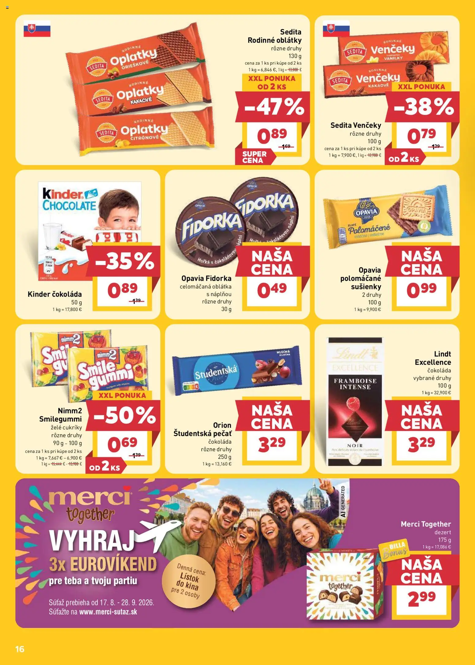 Nové Billa akcie – leták je platný od 19.08.2026 | Strana: 16 | Produkty: Lindt, Kinder, Študentská pečať, Dezert