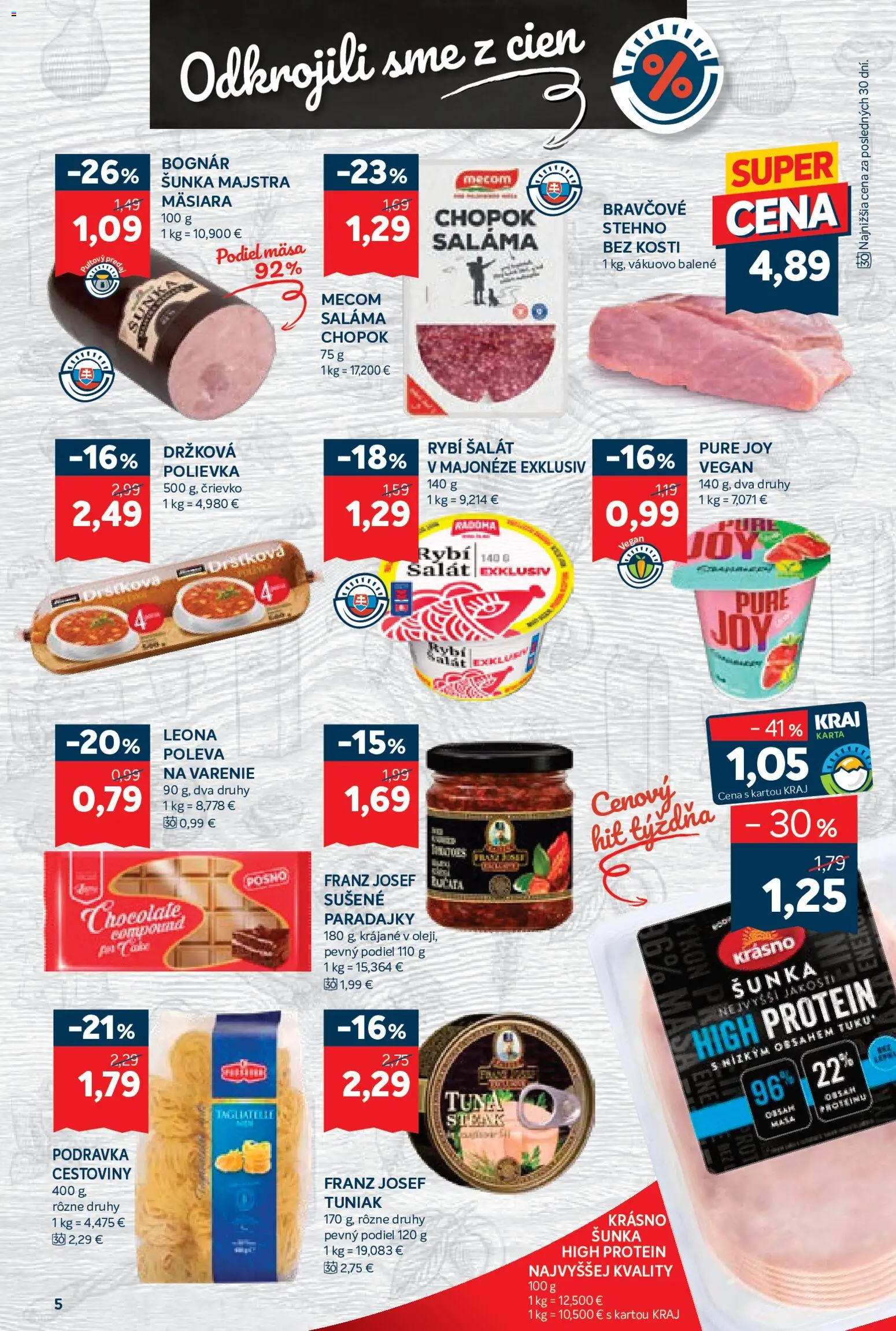 Nové Kraj akcie – leták je platný od 23.07.2026 | Strana: 9 | Produkty: Šunka, Paradajky, Cestoviny, Protein