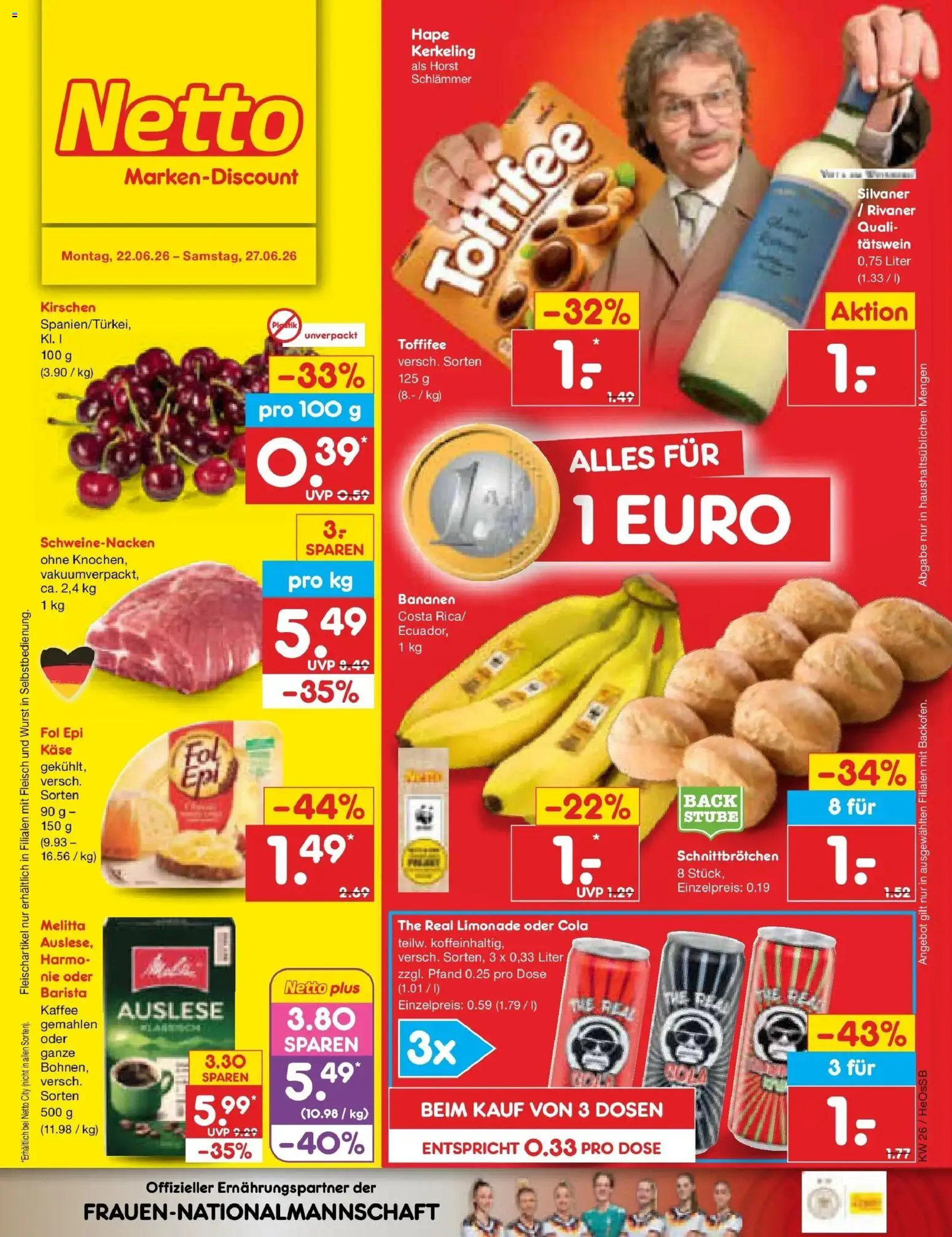 Netto Marken-Discount Prospekt Kröpelin – gültig ab 21.06.2026 | Seite: 1 | Produkte: Cola, Schweinenacken, Limonade, Fleisch