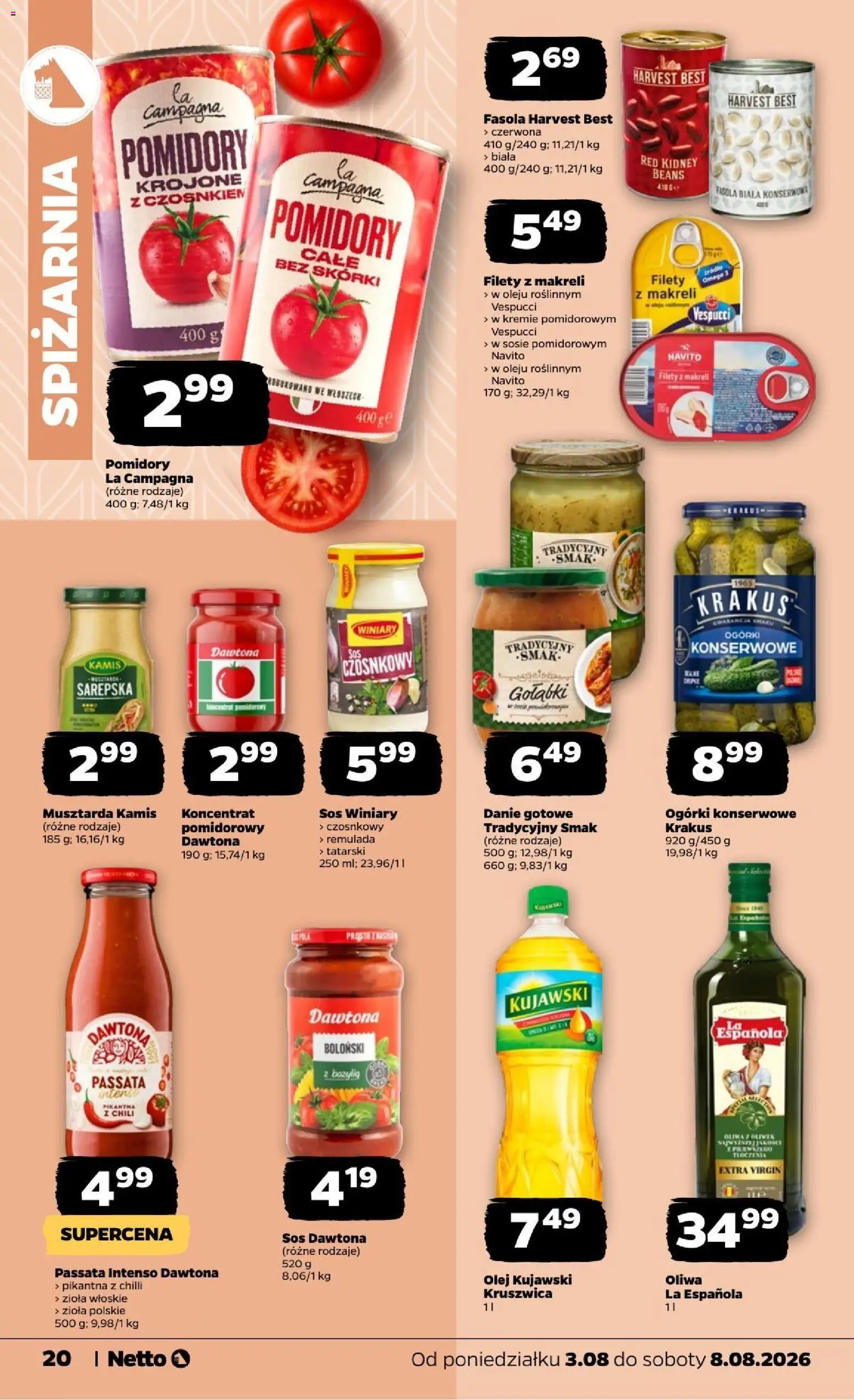 Netto gazetka od poniedziałku od 03.08.2026 | Strona: 20 | Produkty: Fasola czerwona, Omega, Olej kujawski, Sos