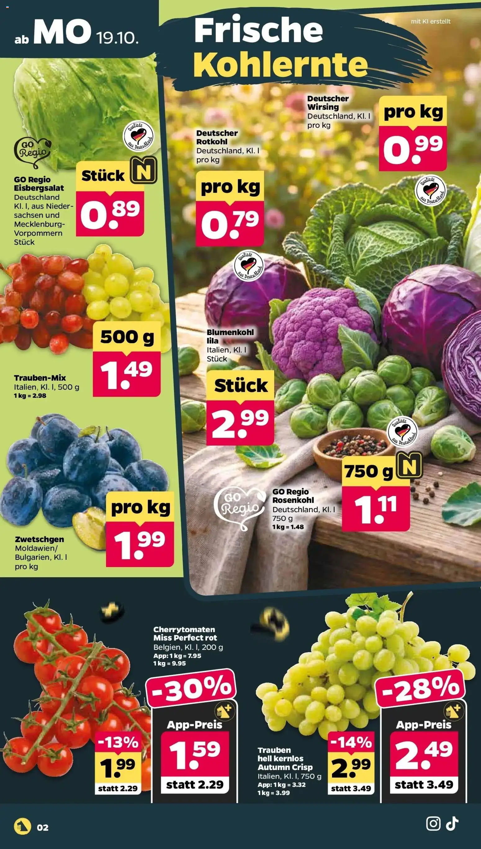 Netto Aktueller Prospekt ab 19.10.2026 → Angebote nächste Woche | Seite: 2 | Produkte: Rotkohl, Zwetschgen, Eisbergsalat, Blumenkohl