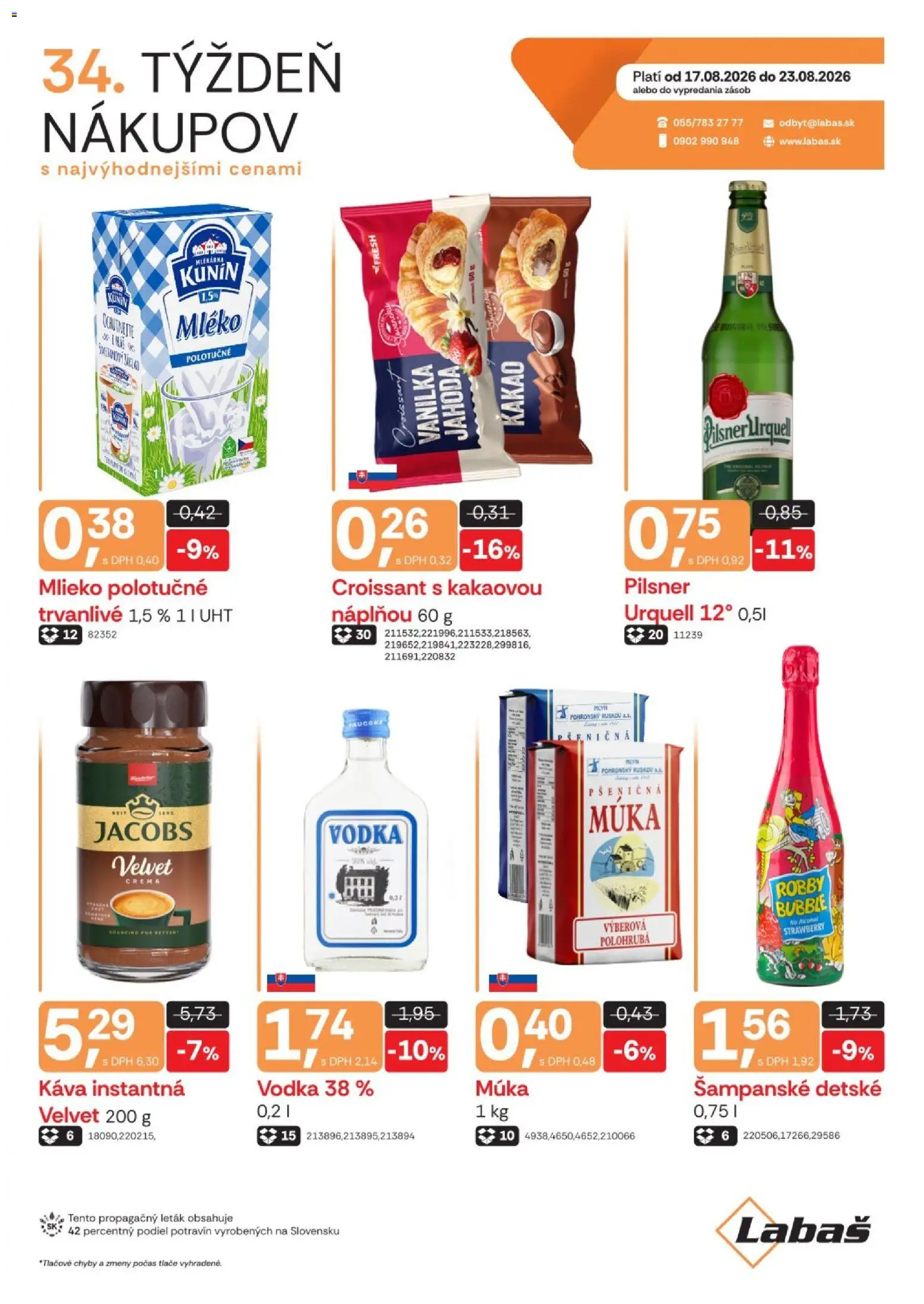 Nové Labaš akcie – leták je platný od 17.08.2026 | Strana: 1 | Produkty: Káva, Croissant, Múka, Mlieko polotučné