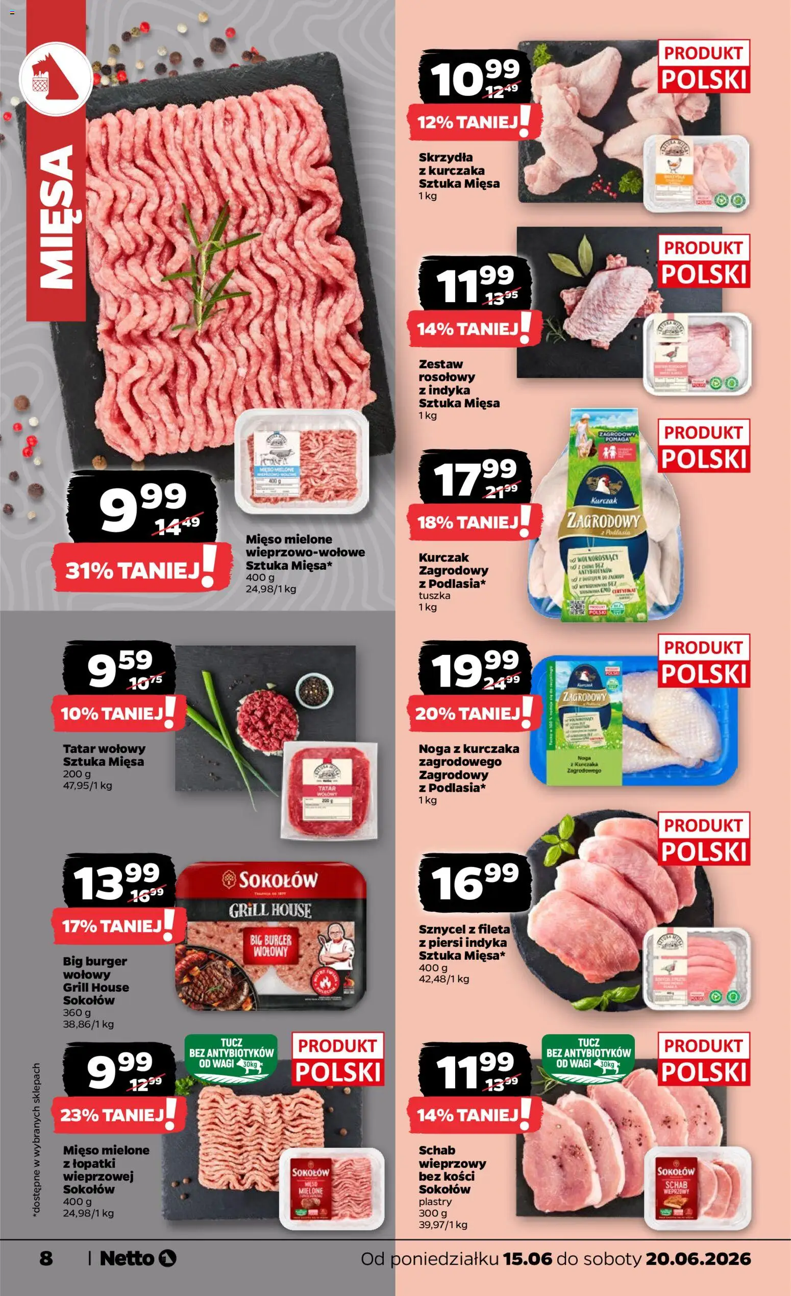 Netto gazetka od poniedziałku spożywcza od 15.06.2026 | Strona: 8 | Produkty: Schab, Piersi, Tatar wołowy, Tatar
