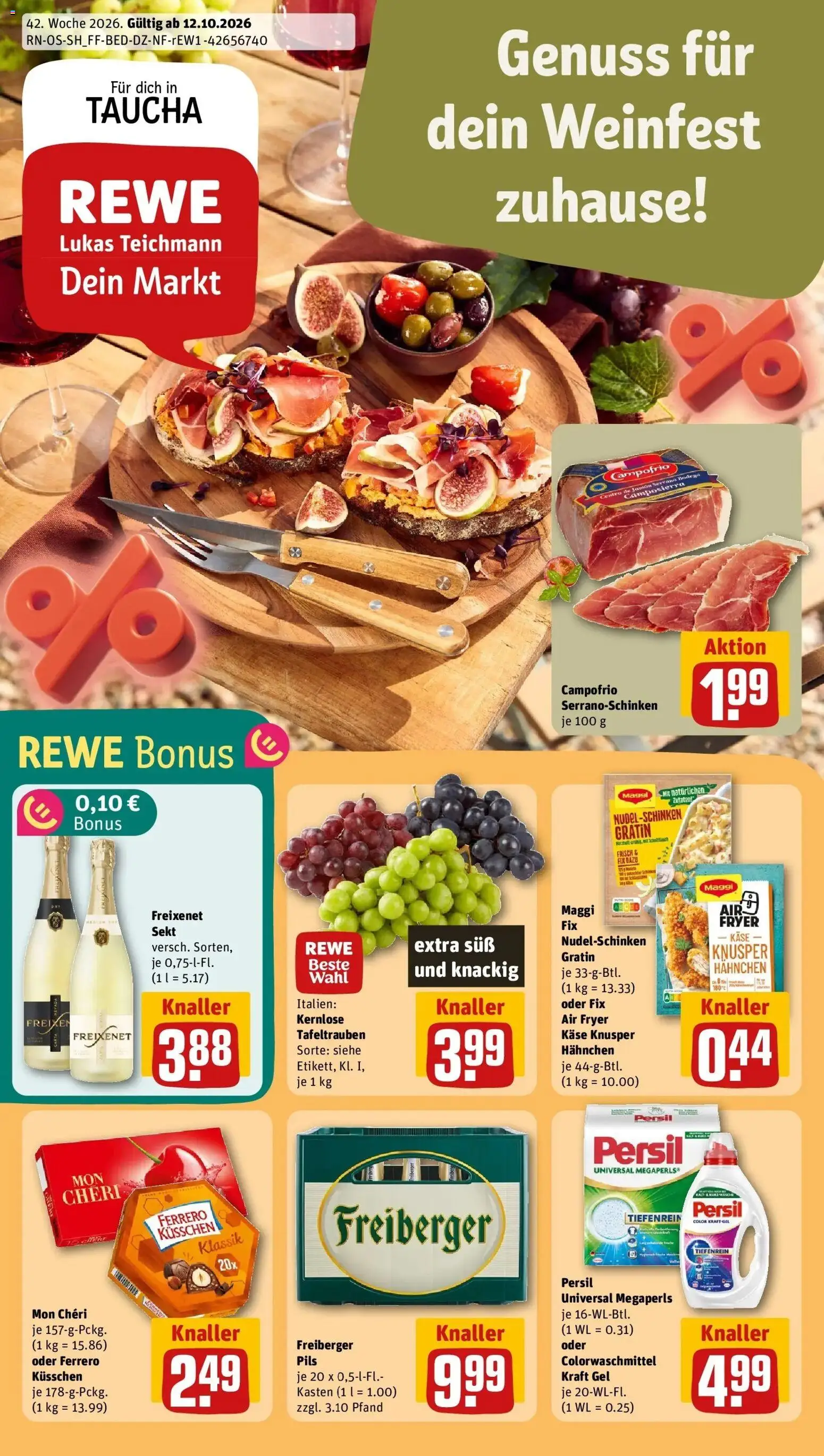 REWE Prospekt ab 12.10.2026 zum Blättern » Angebote | Seite: 1 | Produkte: Hahnchen, Käse, Freixenet, Mon cheri