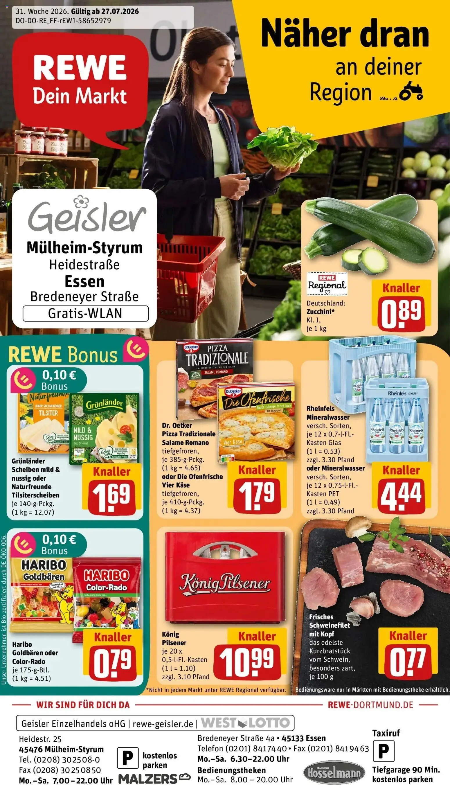 Rewe Prospekt Mülheim An Der Ruhr – gültig ab 27.07.2026 | Seite: 1 | Produkte: Mineralwasser, Grunlander, Telefon, Uhr
