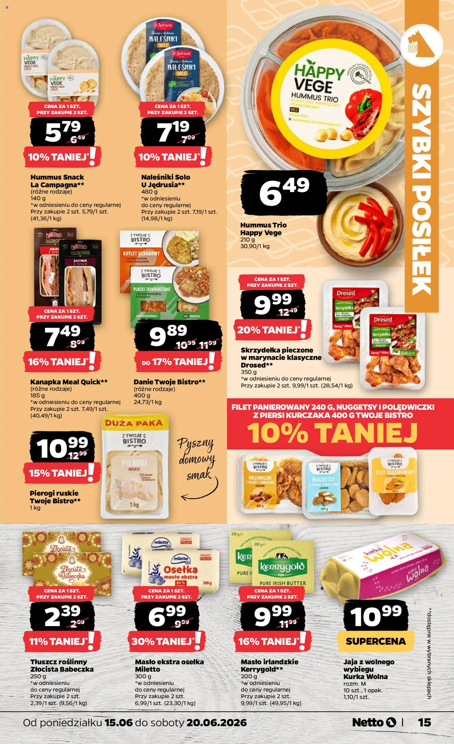 Netto gazetka od poniedziałku spożywcza od 15.06.2026 | Strona: 15 | Produkty: Osełka, Pierogi, Hummus, Jaja