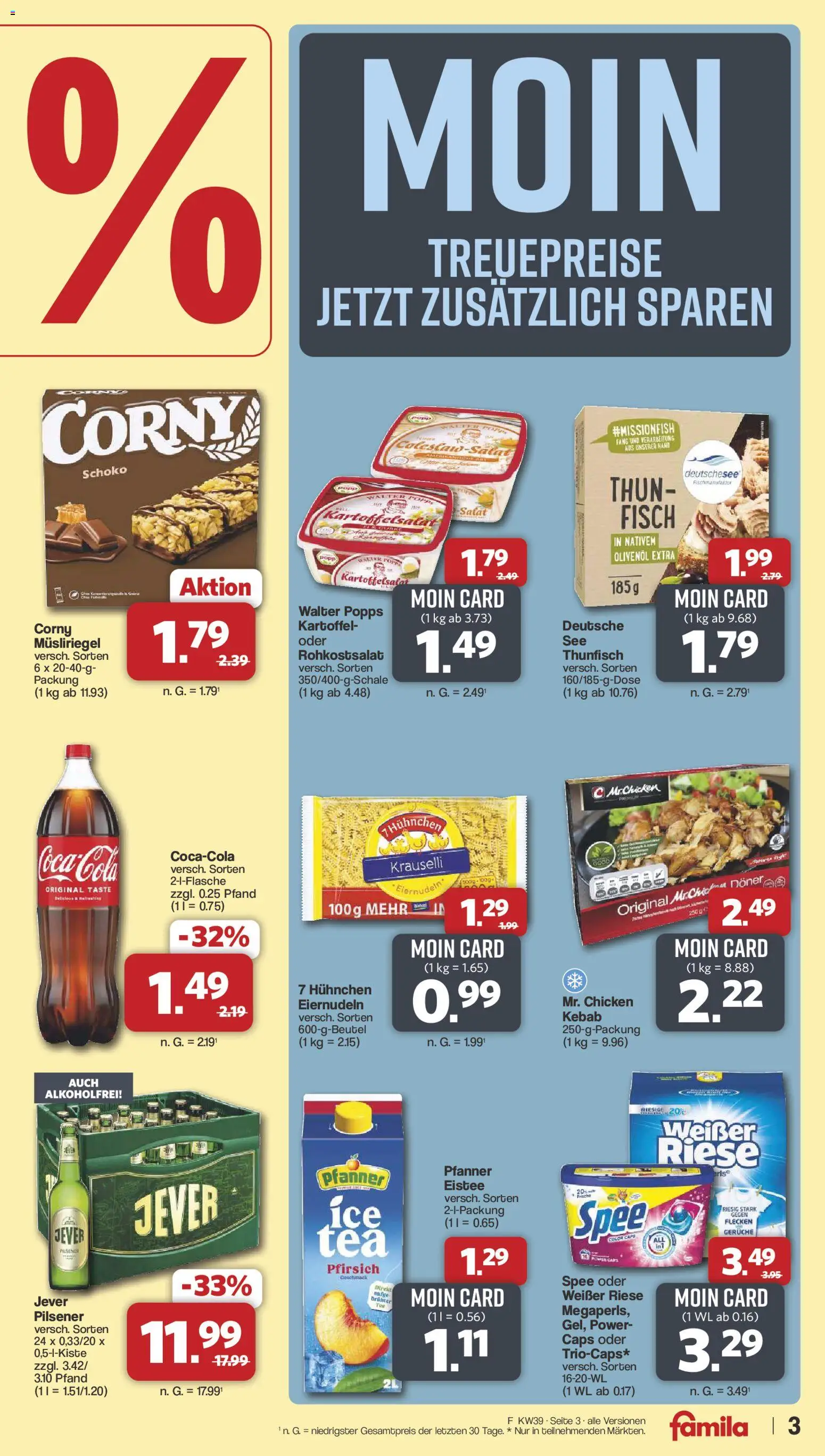 Famila Nordwest Prospekt – gültig ab 21.09.2026 | Seite: 3 | Produkte: Thunfisch, Olivenol, Pfirsich, Salat