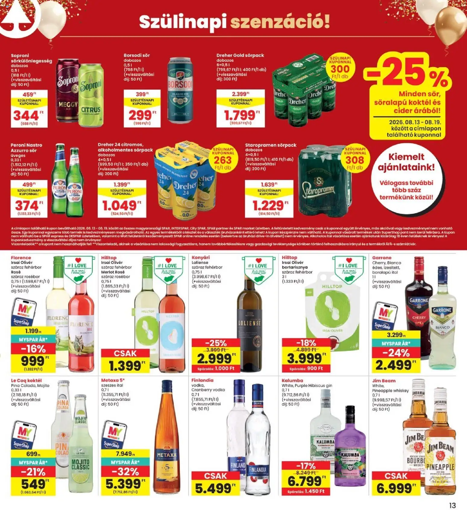 Interspar akciós ujság - amely érvényes a következő dátumtól: 2026.08.13. | Oldal: 13 | Termékek: Soproni, Lé, Cider, Borsodi sör