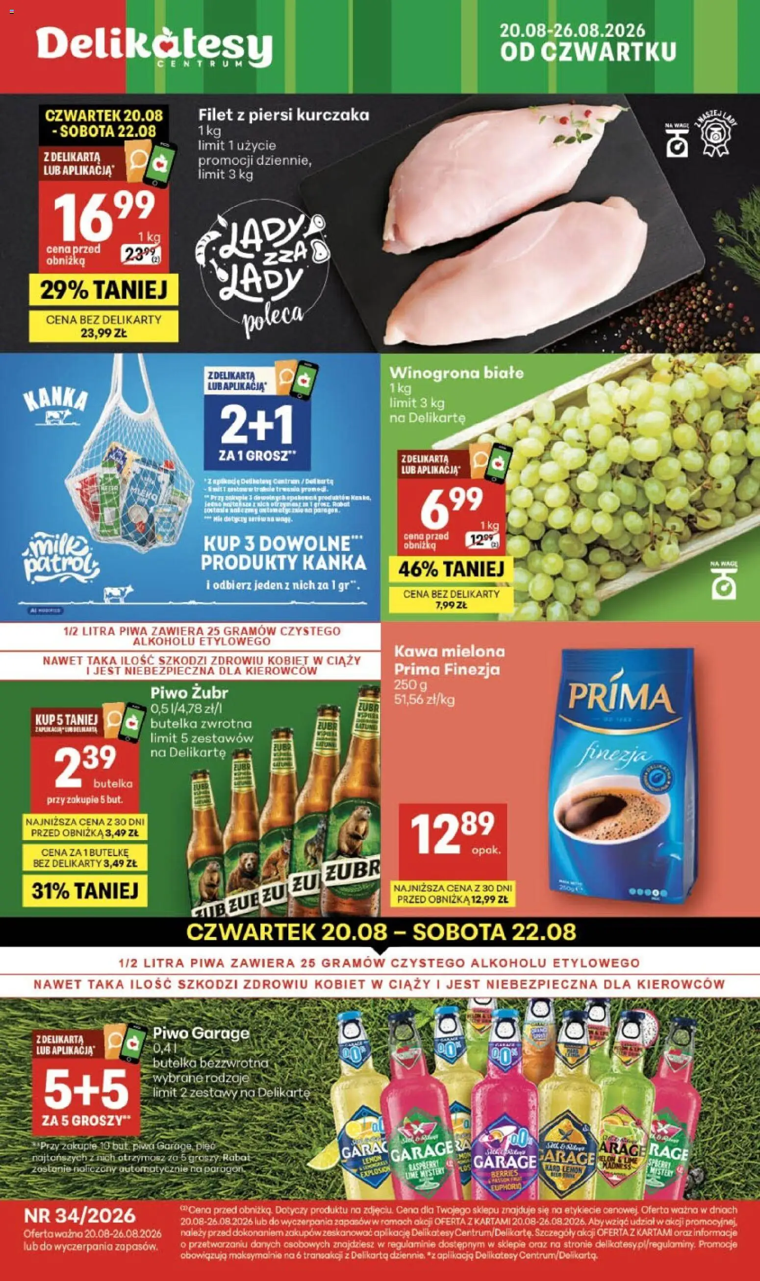 Delikatesy Centrum gazetka od 20.08.2026 | Strona: 1 | Produkty: Piwo żubr, Piwo Garage, Delikatesy, Kawa